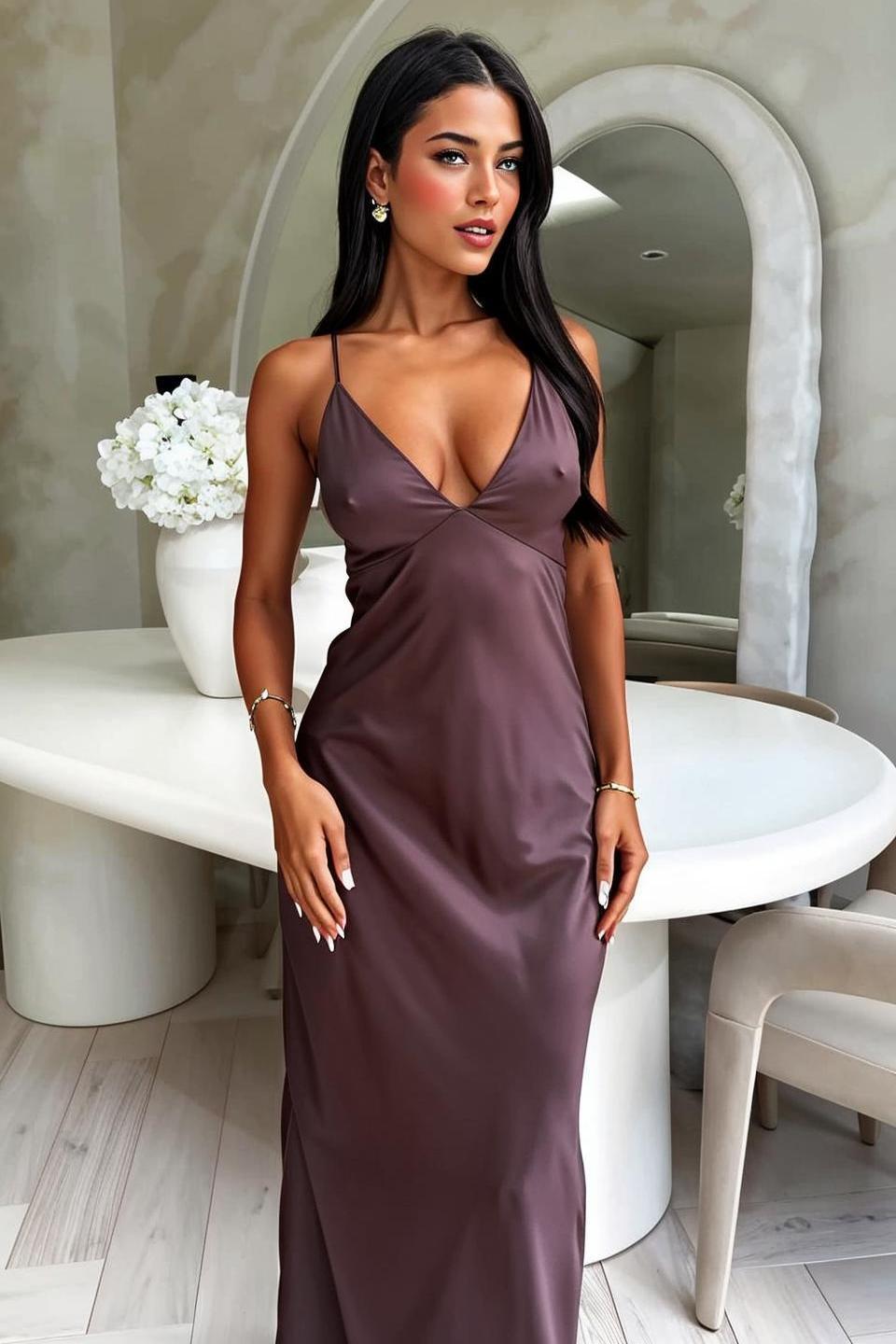 LADIES LONG DRESS DARK BROWN / BLUE (SIZE XS - 2XL)
