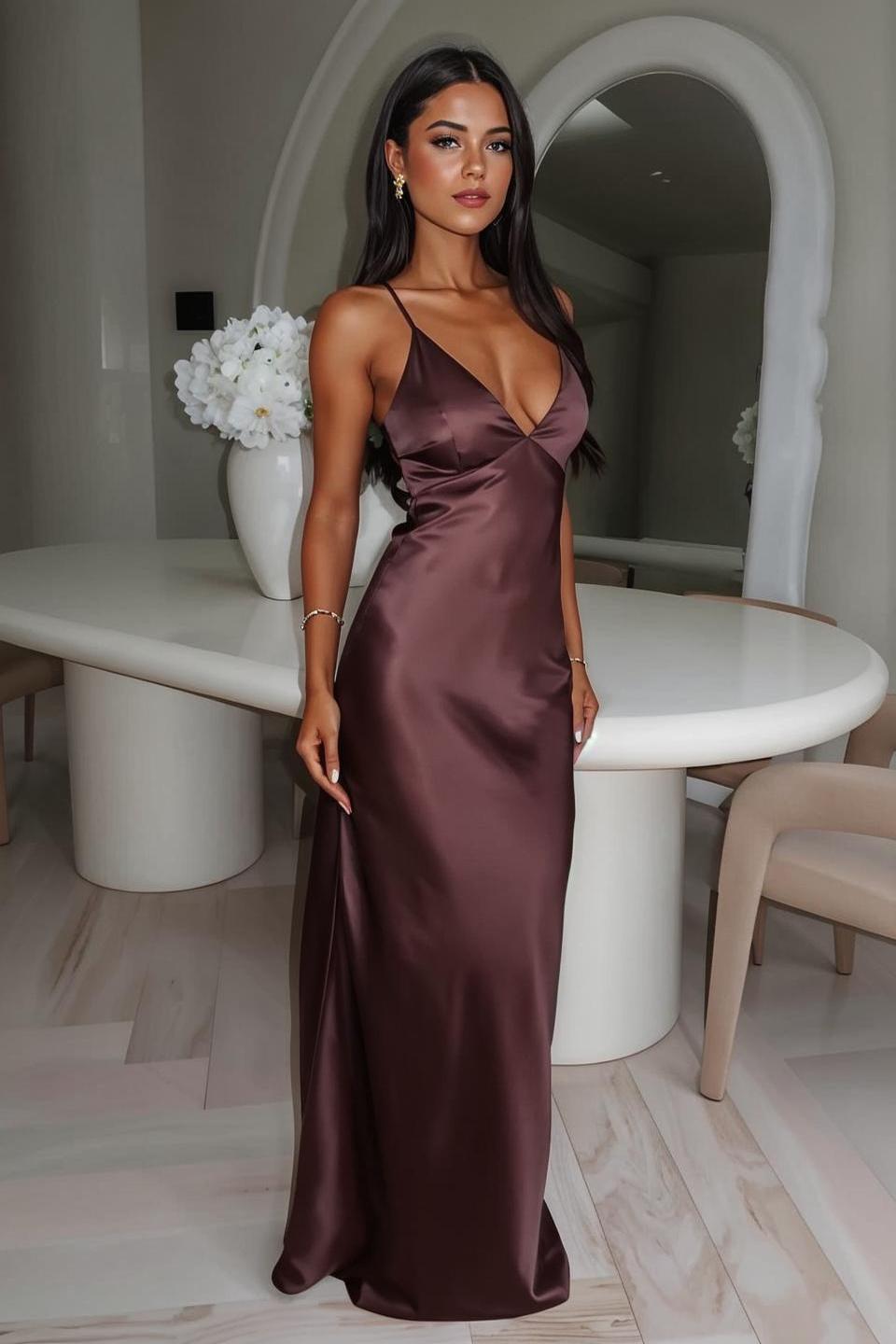 LADIES LONG DRESS DARK BROWN / BLUE (SIZE XS - 2XL)