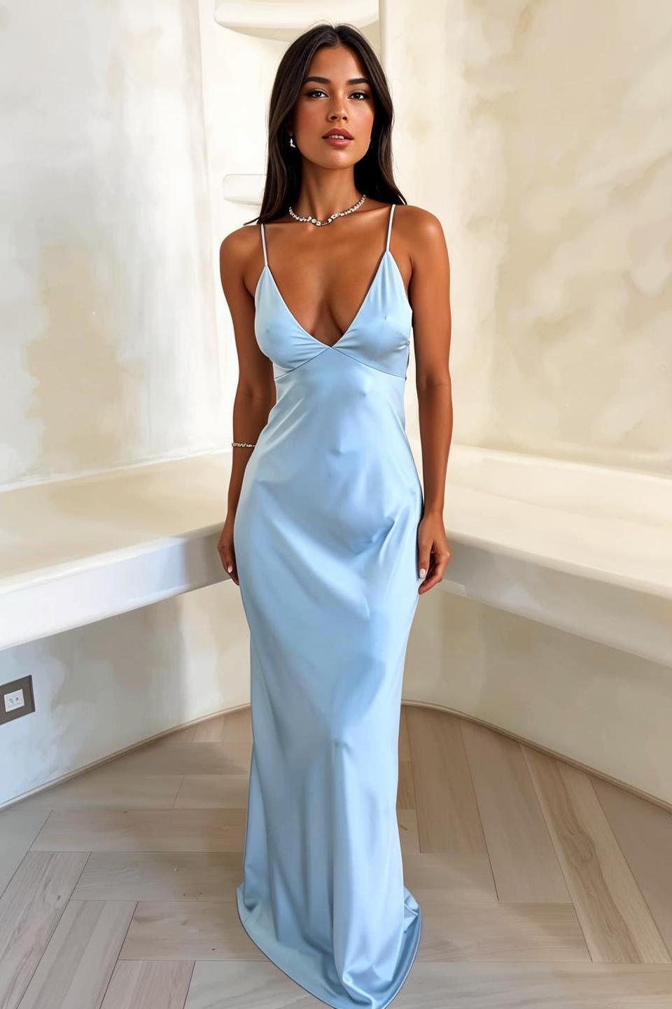 LADIES LONG DRESS DARK BROWN / BLUE (SIZE XS - 2XL)
