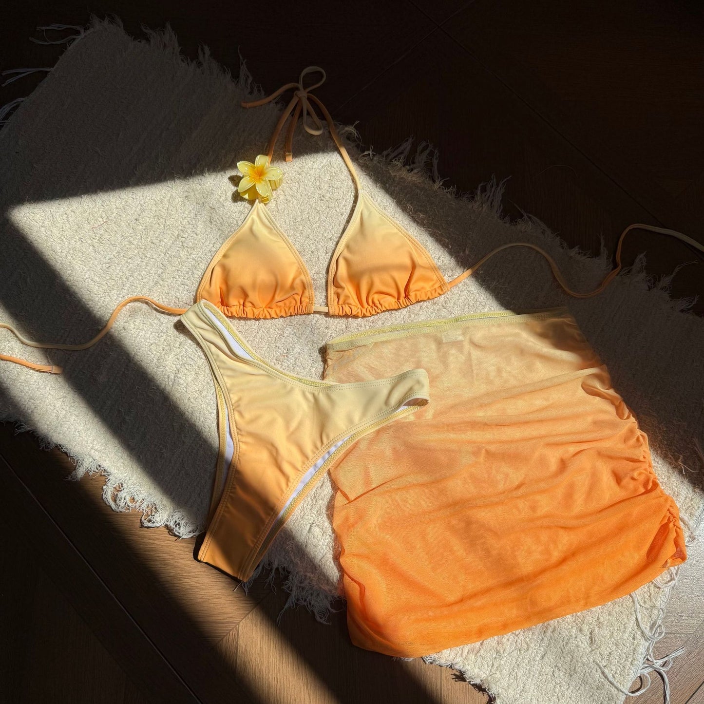 LADIES THREE PIECE BIKINI SWIMWEAR BEACHWEAR SET PINK / YELLOW / GREEN (SIZE S - L)