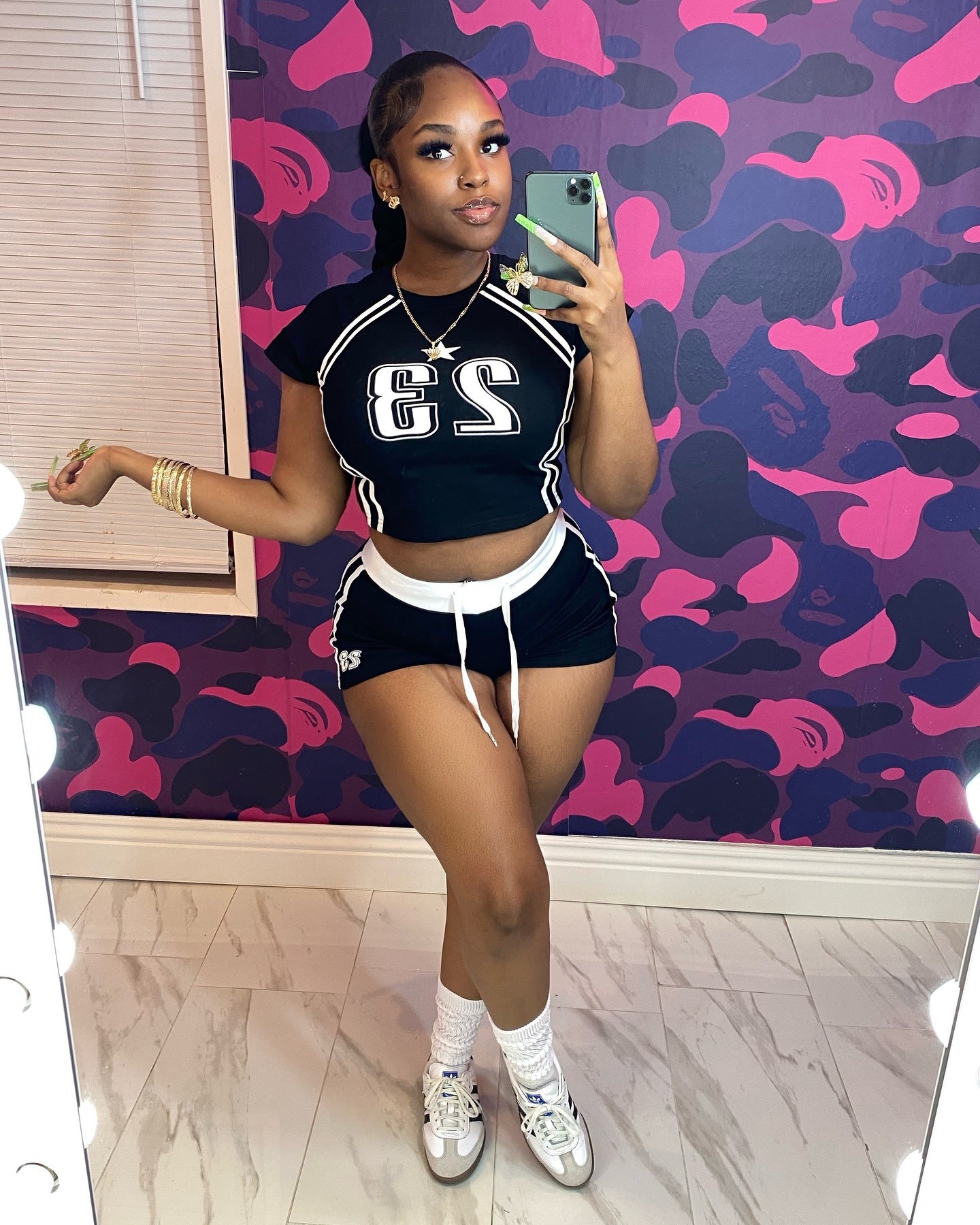LADIES TWO PIECE SHORT SLEEVE CROPPED T-SHIRT & SHORTS SET BLACK / RED / LIGHT GRAY (SIZE S - XL)