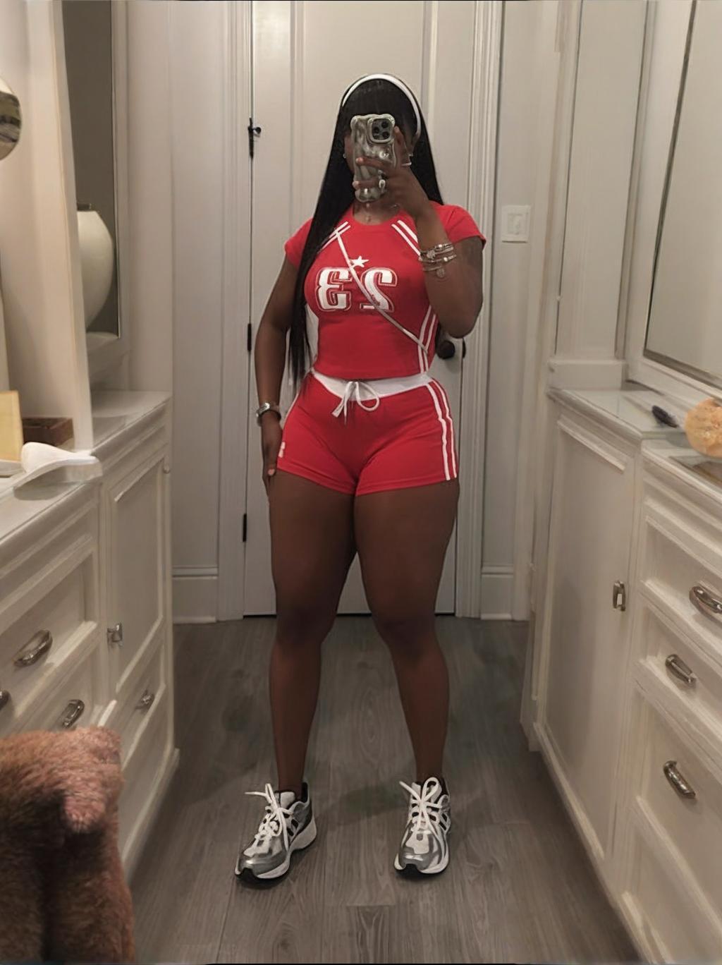 LADIES TWO PIECE SHORT SLEEVE CROPPED T-SHIRT & SHORTS SET BLACK / RED / LIGHT GRAY (SIZE S - XL)
