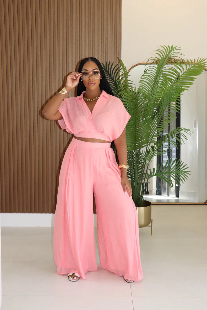 LADIES TWO PIECE SHORT SLEEVE TOP & WIDE LEG PANTS SET LIGHT PURPLE / PINK / LIGHT BLUE / WHITE (SIZE S - 2XL)