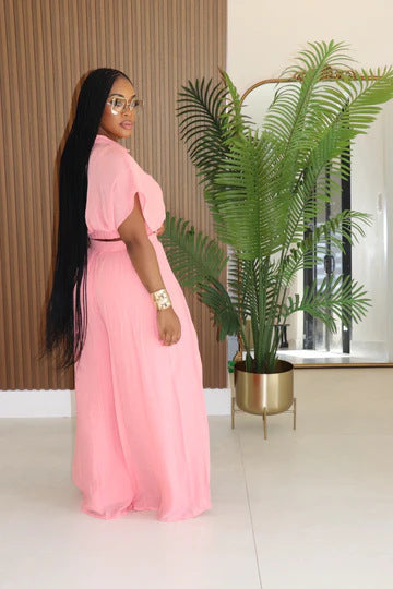 LADIES TWO PIECE SHORT SLEEVE TOP & WIDE LEG PANTS SET LIGHT PURPLE / PINK / LIGHT BLUE / WHITE (SIZE S - 2XL)