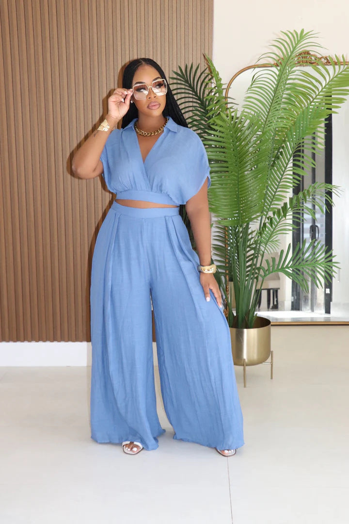LADIES TWO PIECE SHORT SLEEVE TOP & WIDE LEG PANTS SET LIGHT PURPLE / PINK / LIGHT BLUE / WHITE (SIZE S - 2XL)