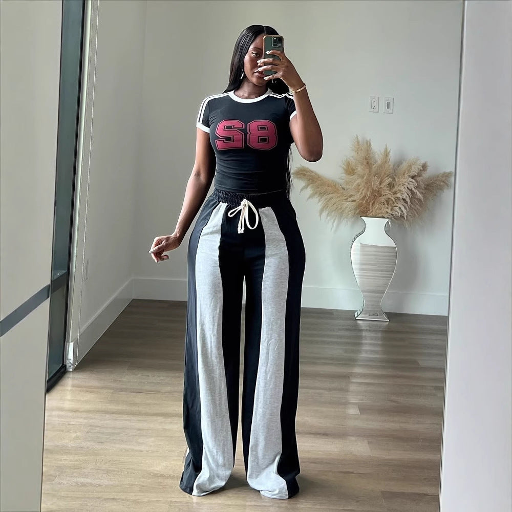 LADIES CASUAL TROUSERS / PANTS BLACK-WHITE / PINK-WHITE (SIZE S - 2XL)