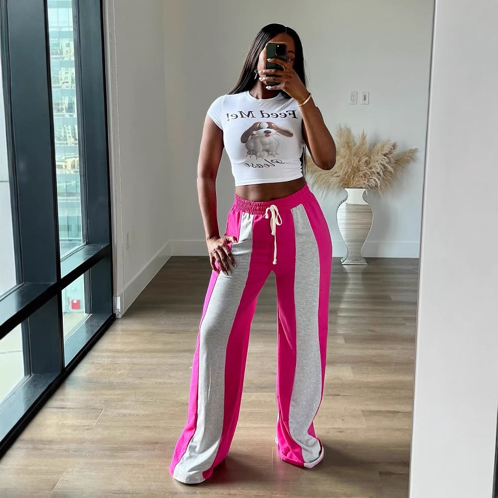 LADIES CASUAL TROUSERS / PANTS BLACK-WHITE / PINK-WHITE (SIZE S - 2XL)