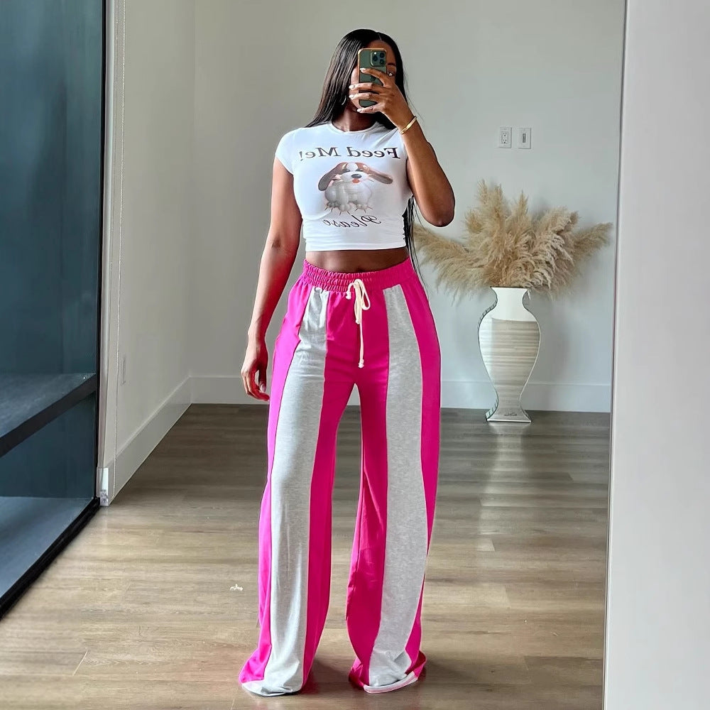 LADIES CASUAL TROUSERS / PANTS BLACK-WHITE / PINK-WHITE (SIZE S - 2XL)