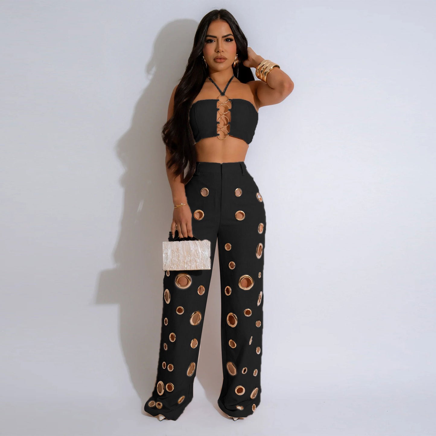 LADIES TWO PIECE TOP & PANTS SET BLACK / YELLOW / APRICOT-BEIGE (SIZE S - XL)