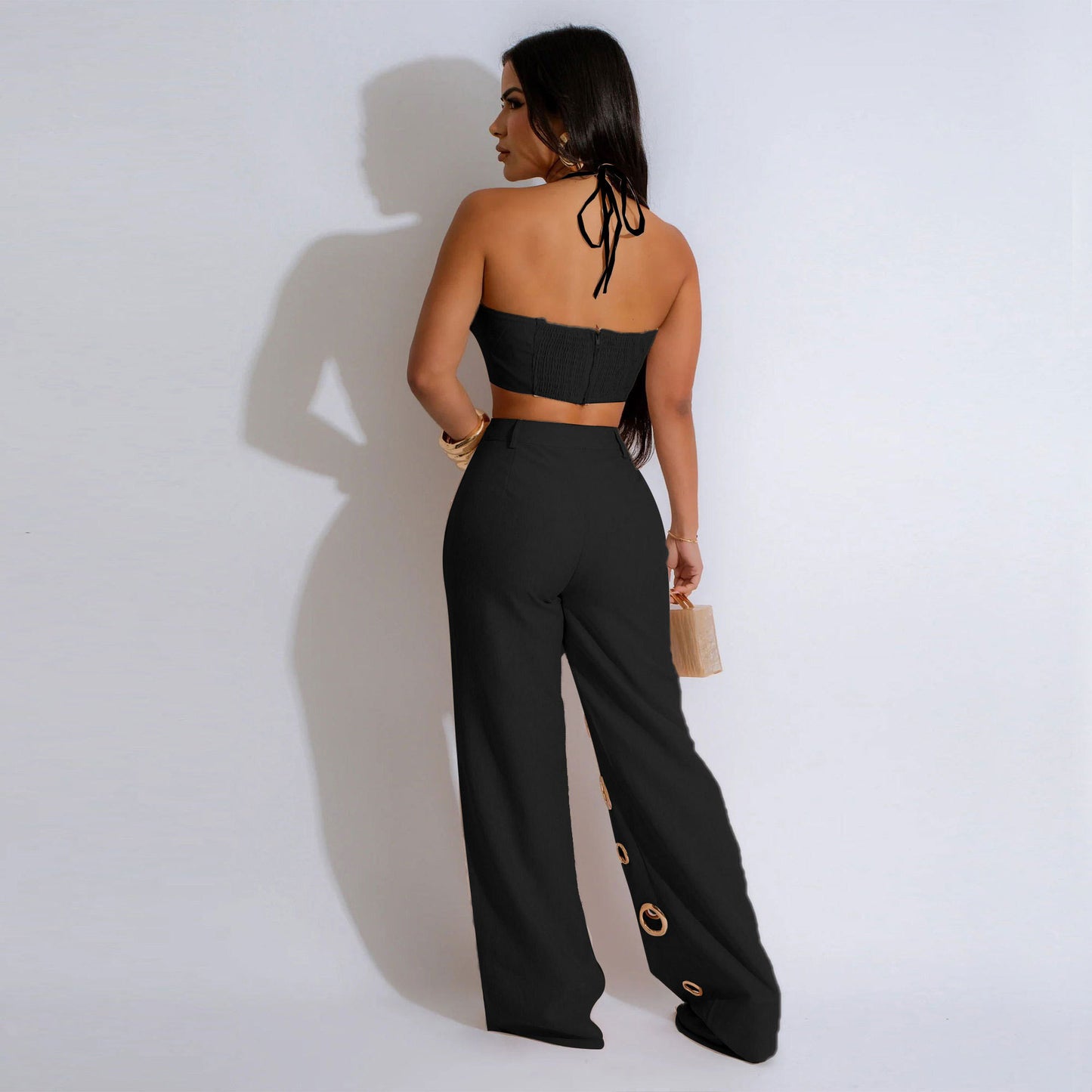 LADIES TWO PIECE TOP & PANTS SET BLACK / YELLOW / APRICOT-BEIGE (SIZE S - XL)