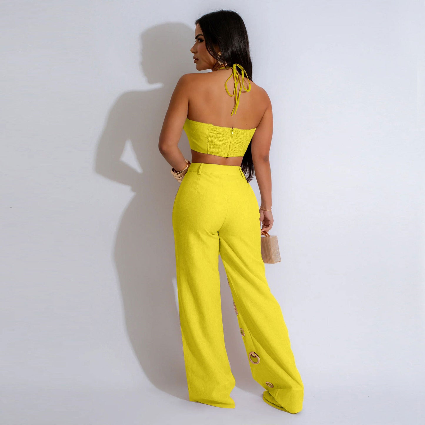 LADIES TWO PIECE TOP & PANTS SET BLACK / YELLOW / APRICOT-BEIGE (SIZE S - XL)
