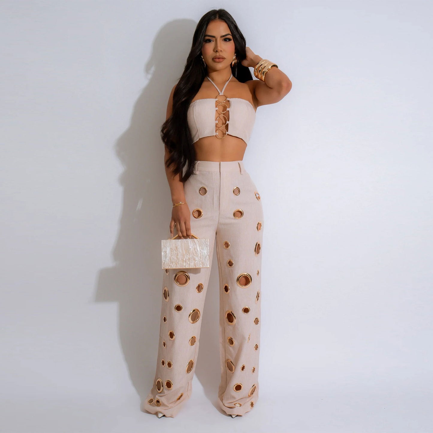 LADIES TWO PIECE TOP & PANTS SET BLACK / YELLOW / APRICOT-BEIGE (SIZE S - XL)