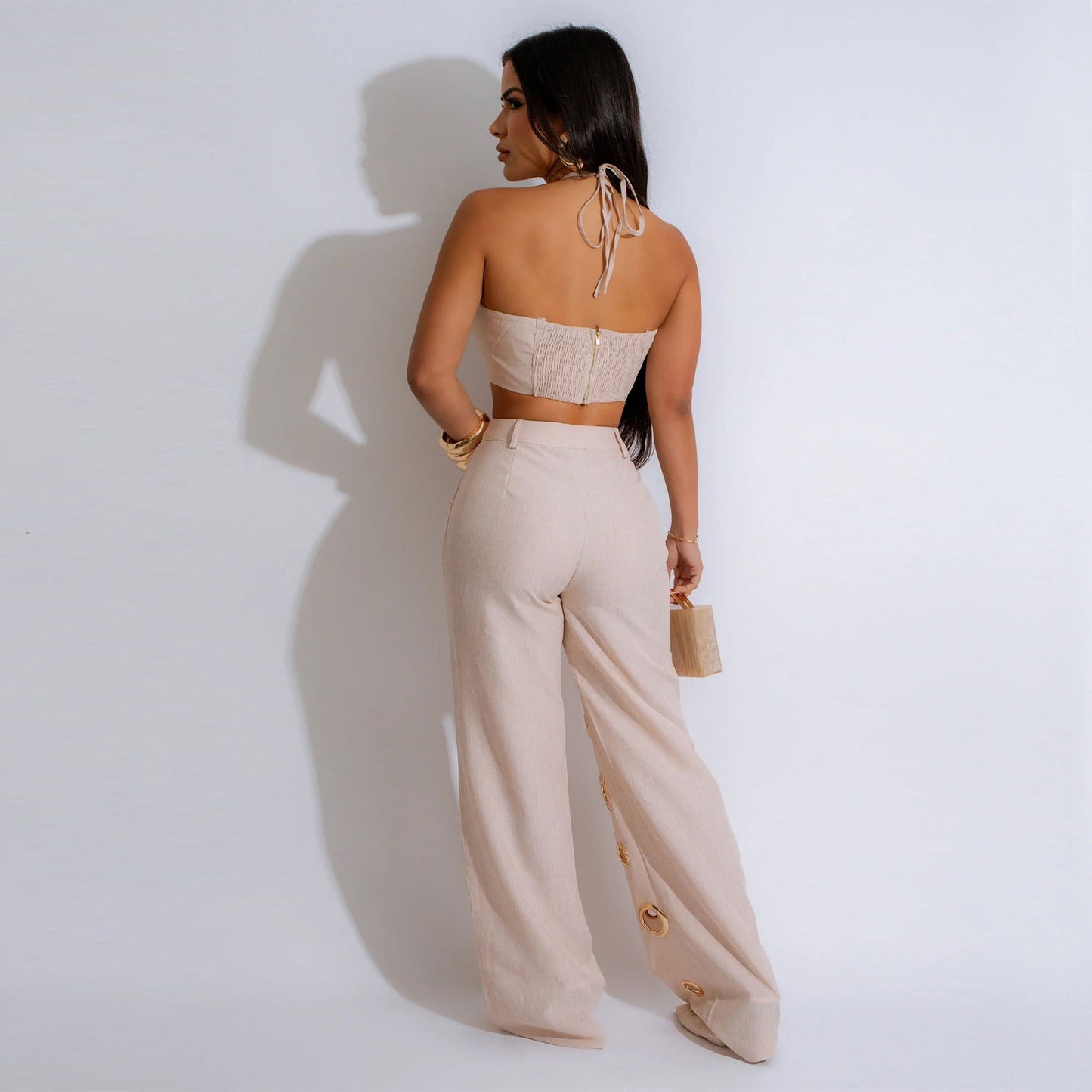 LADIES TWO PIECE TOP & PANTS SET BLACK / YELLOW / APRICOT-BEIGE (SIZE S - XL)