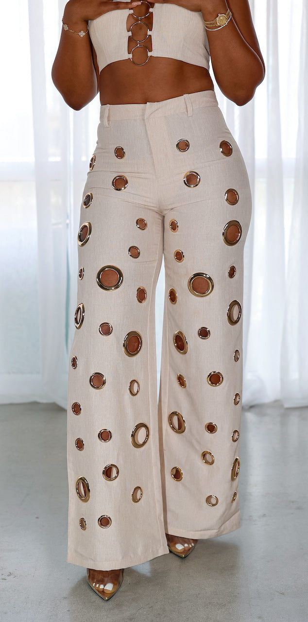 LADIES TWO PIECE TOP & PANTS SET BLACK / YELLOW / APRICOT-BEIGE (SIZE S - XL)