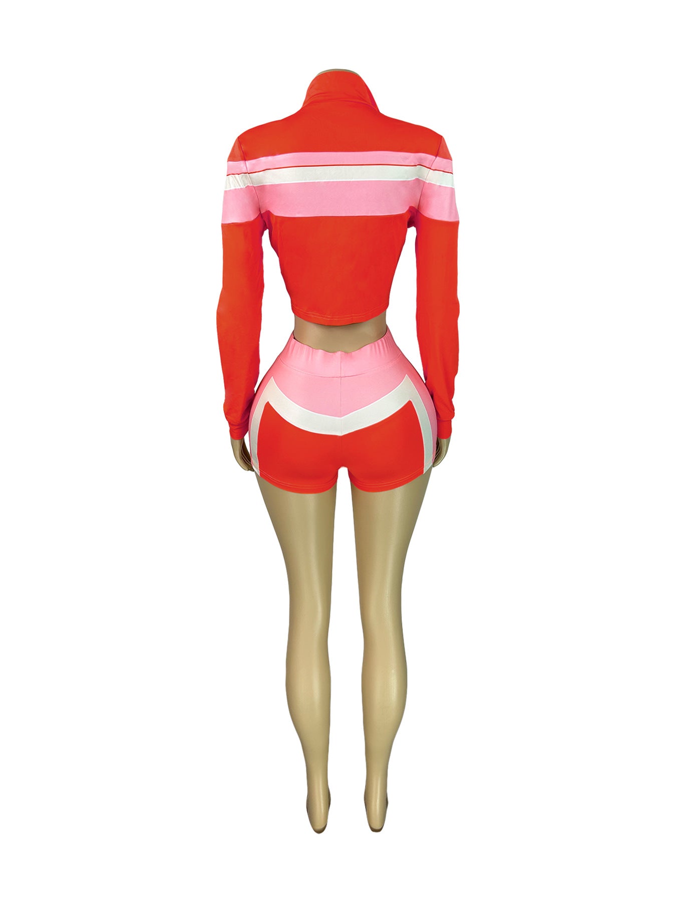 LADIES THREE PIECE SHORTS SET ORANGE-RED / BLUE / BLACK (SIZE S - XL)