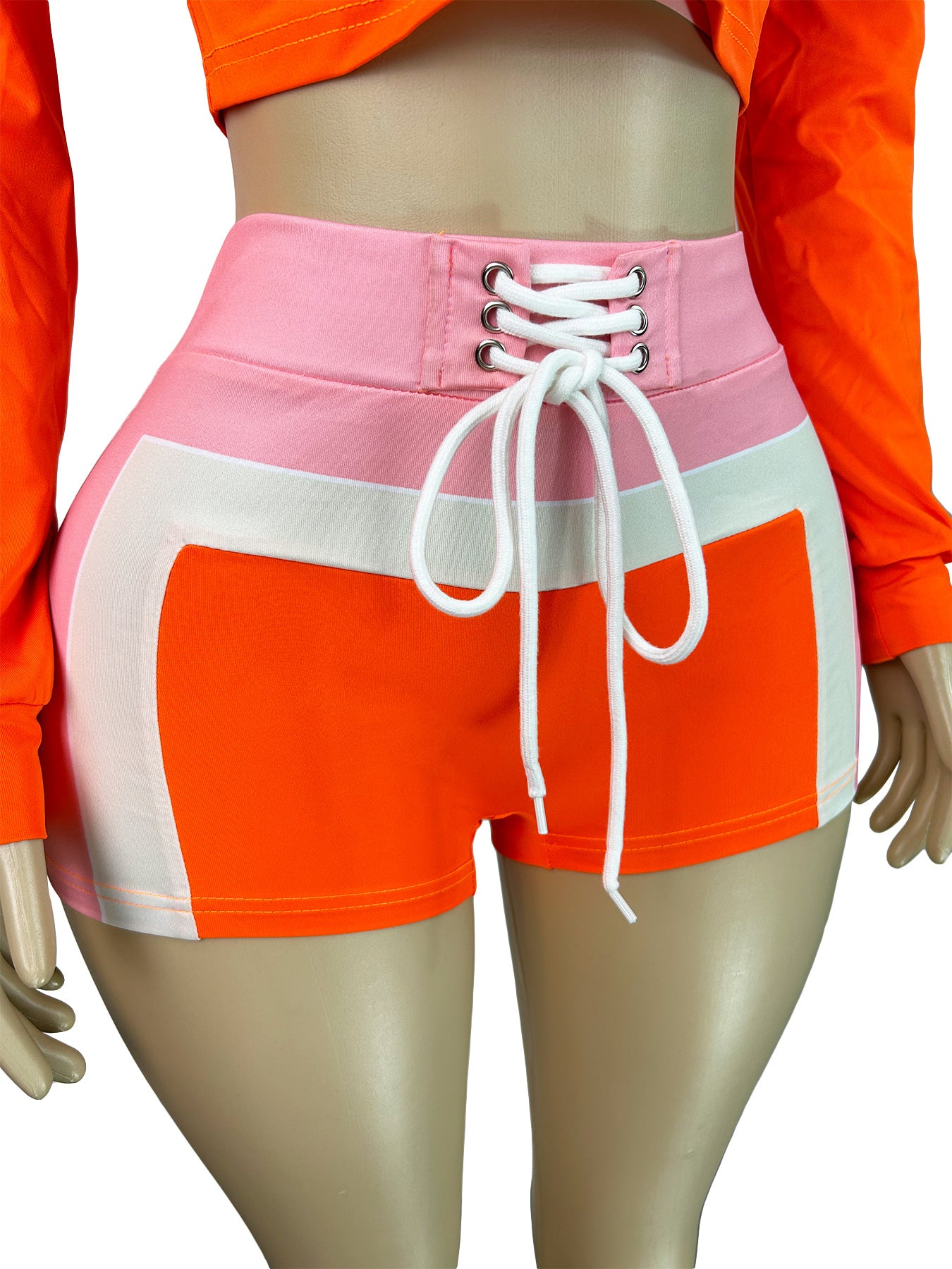 LADIES THREE PIECE SHORTS SET ORANGE-RED / BLUE / BLACK (SIZE S - XL)
