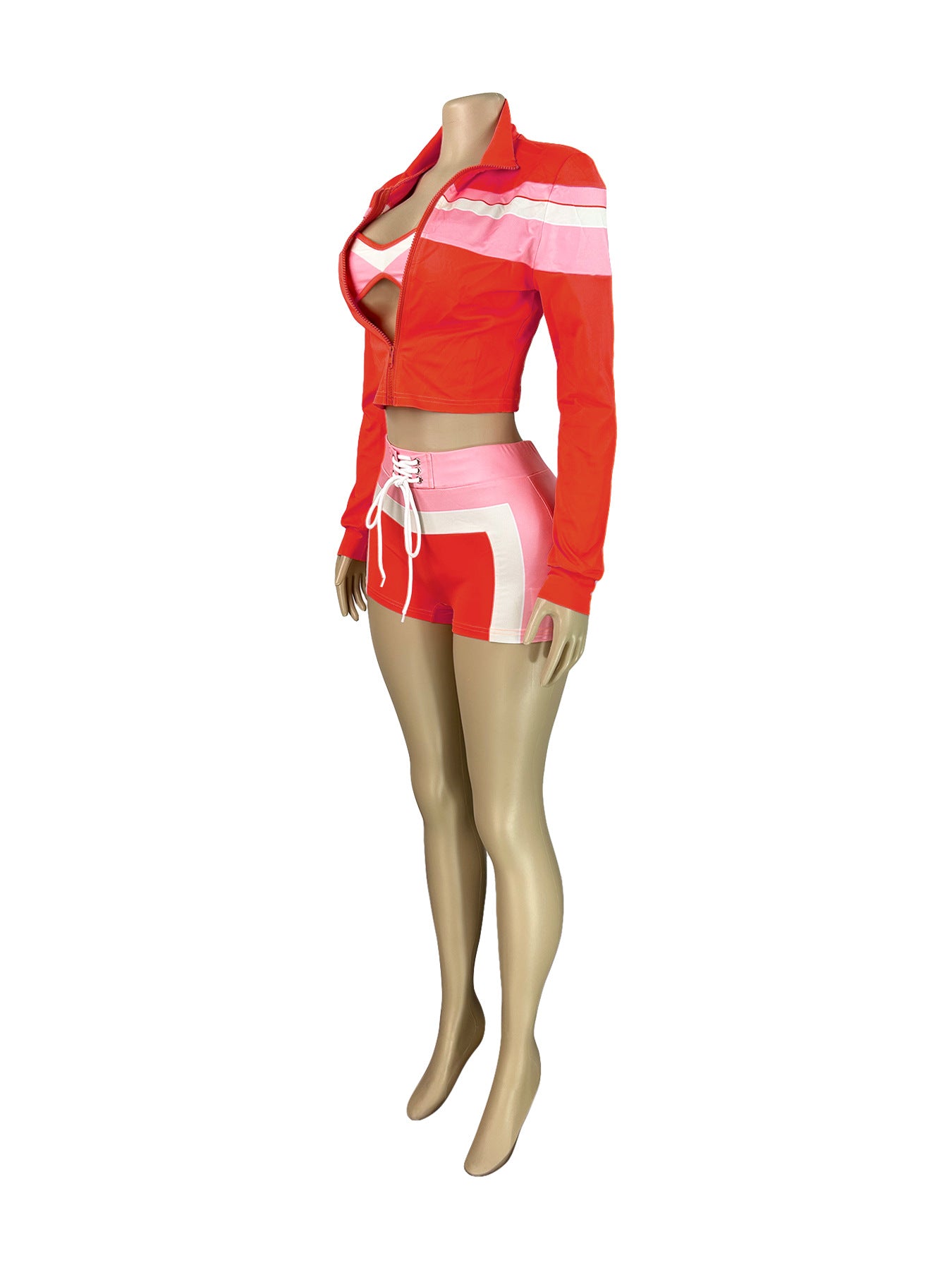 LADIES THREE PIECE SHORTS SET ORANGE-RED / BLUE / BLACK (SIZE S - XL)