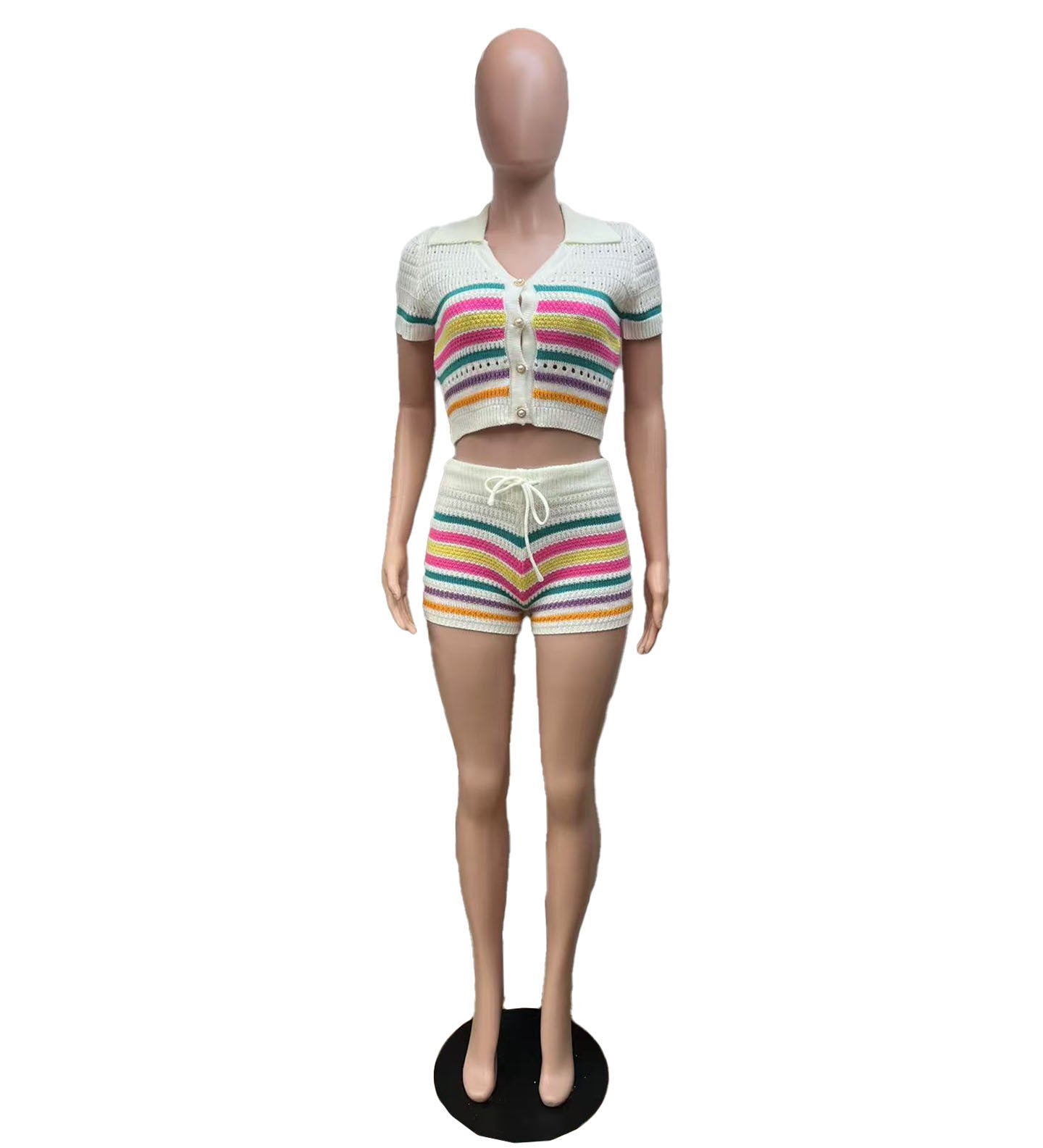LADIES TWO PIECE SHORT SLEEVE TOP & SHORTS SET WHITE MULTICOLOUR (SIZE S - XL)