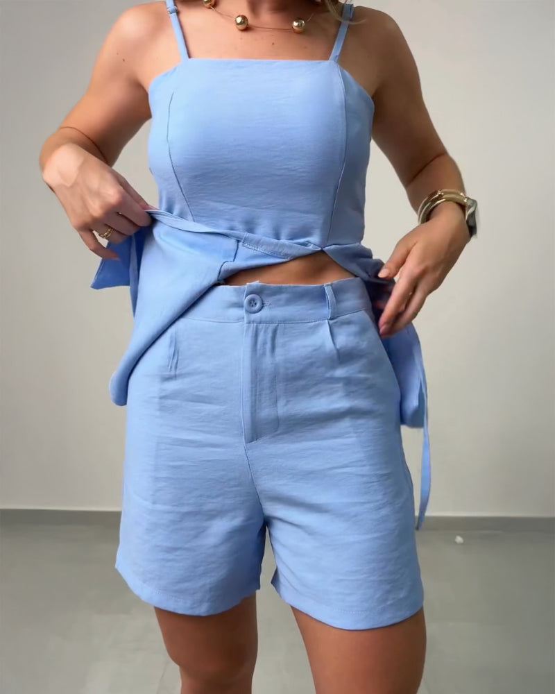 LADIES TWO PIECE SHORTS SET LIGHT BLUE (SIZE S - XL)