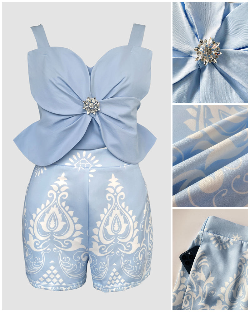 LADIES TWO PIECE TOP & SHORTS SET LIGHT BLUE (SIZE S - XL)