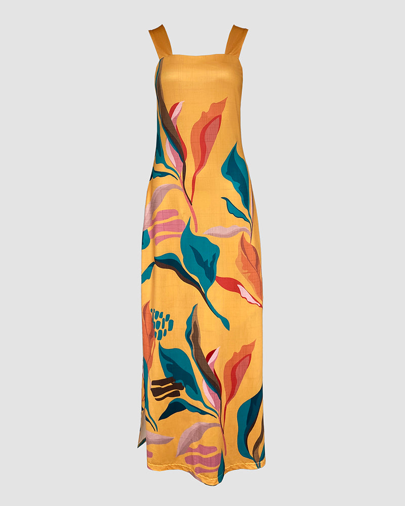 LADIES LONG SUMMER DRESS YELLOW-MULTI (SIZE S - XL)