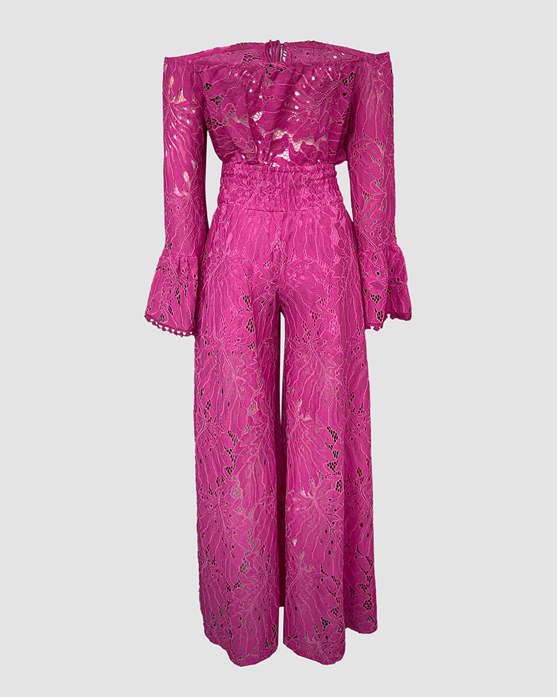 LADIES TWO PIECE WIDE LEG PANTS SET DARK PINK (SIZE S - XL)