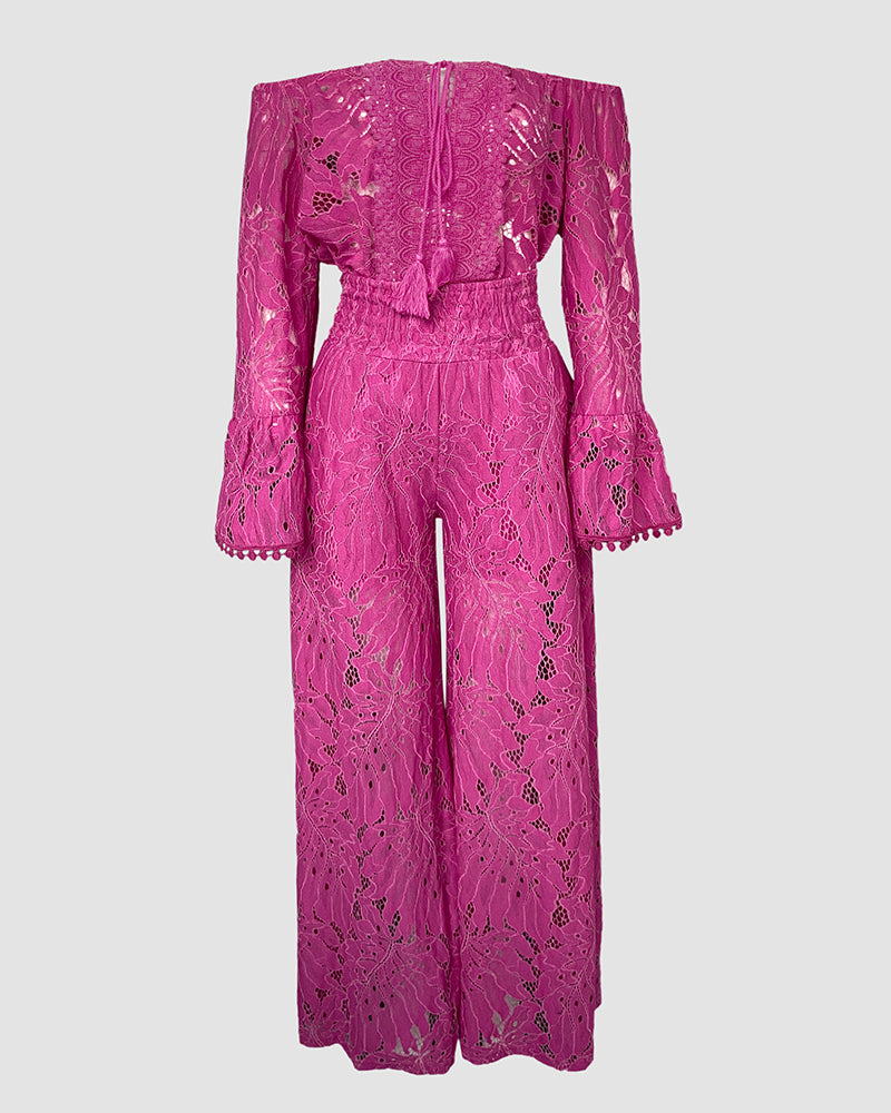 LADIES TWO PIECE WIDE LEG PANTS SET DARK PINK (SIZE S - XL)
