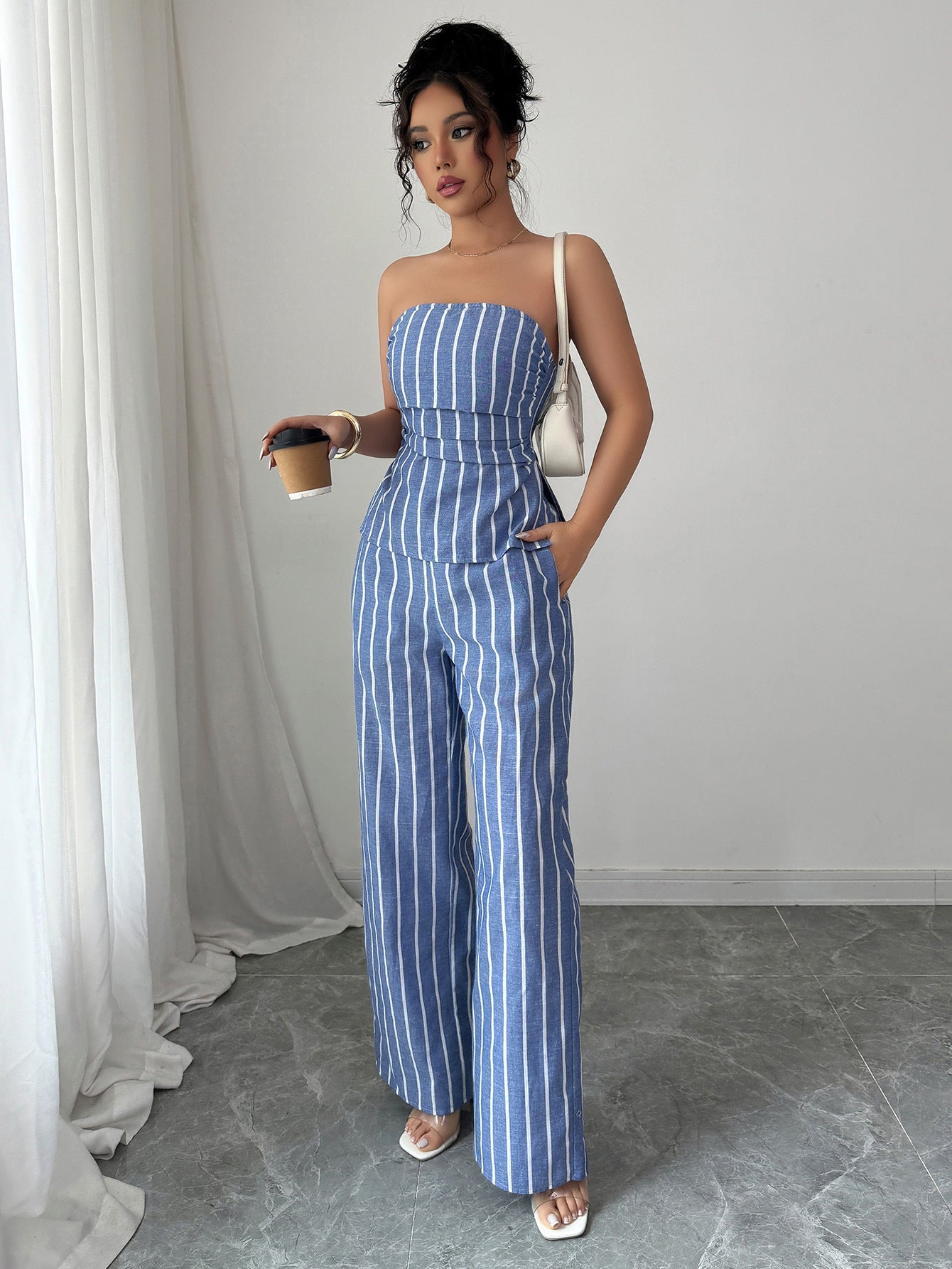 LADIES TWO PIECE STRAPLESS TOP & PANTS SET BLUE (SIZE S - XL)