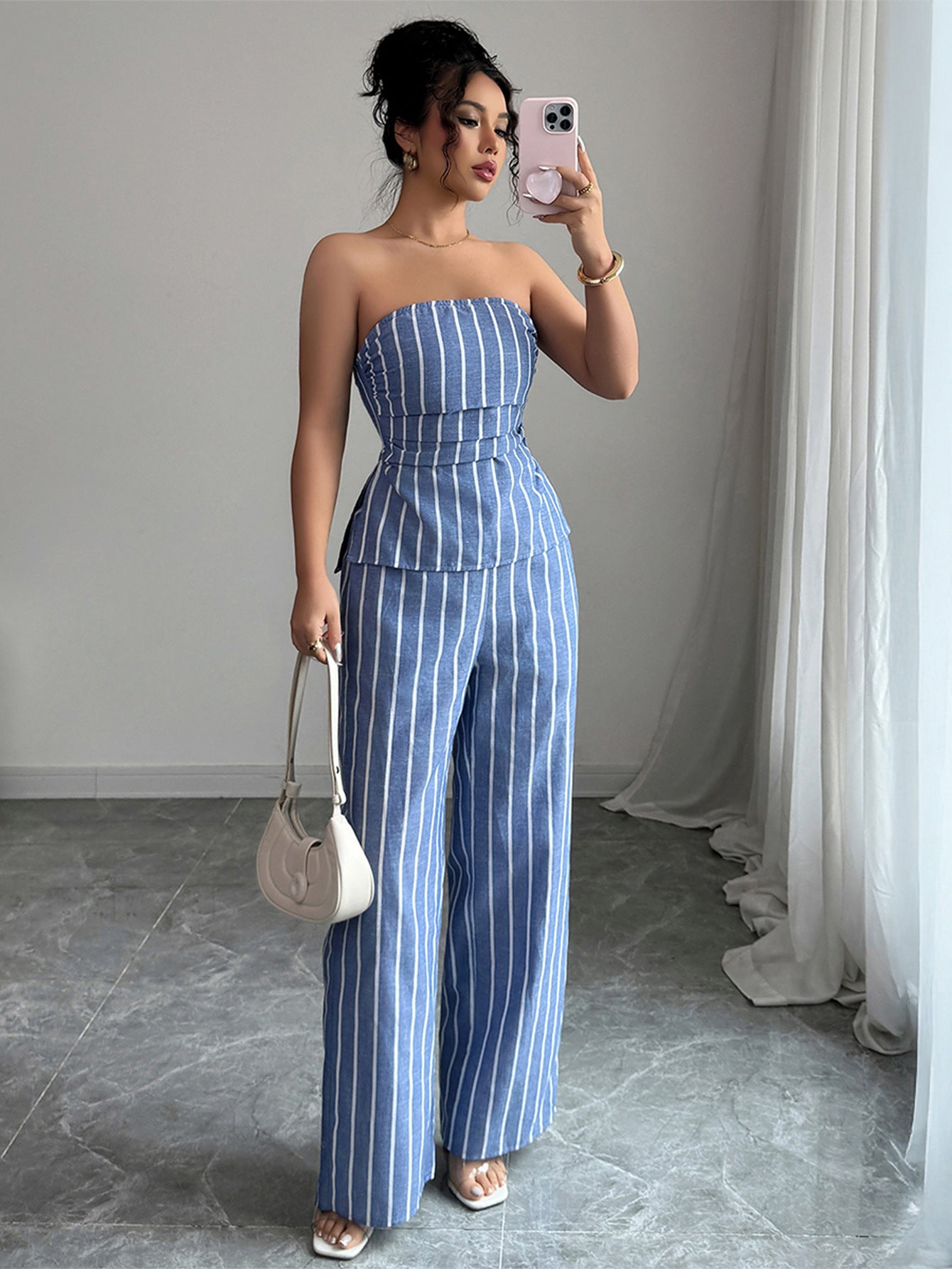 LADIES TWO PIECE STRAPLESS TOP & PANTS SET BLUE (SIZE S - XL)