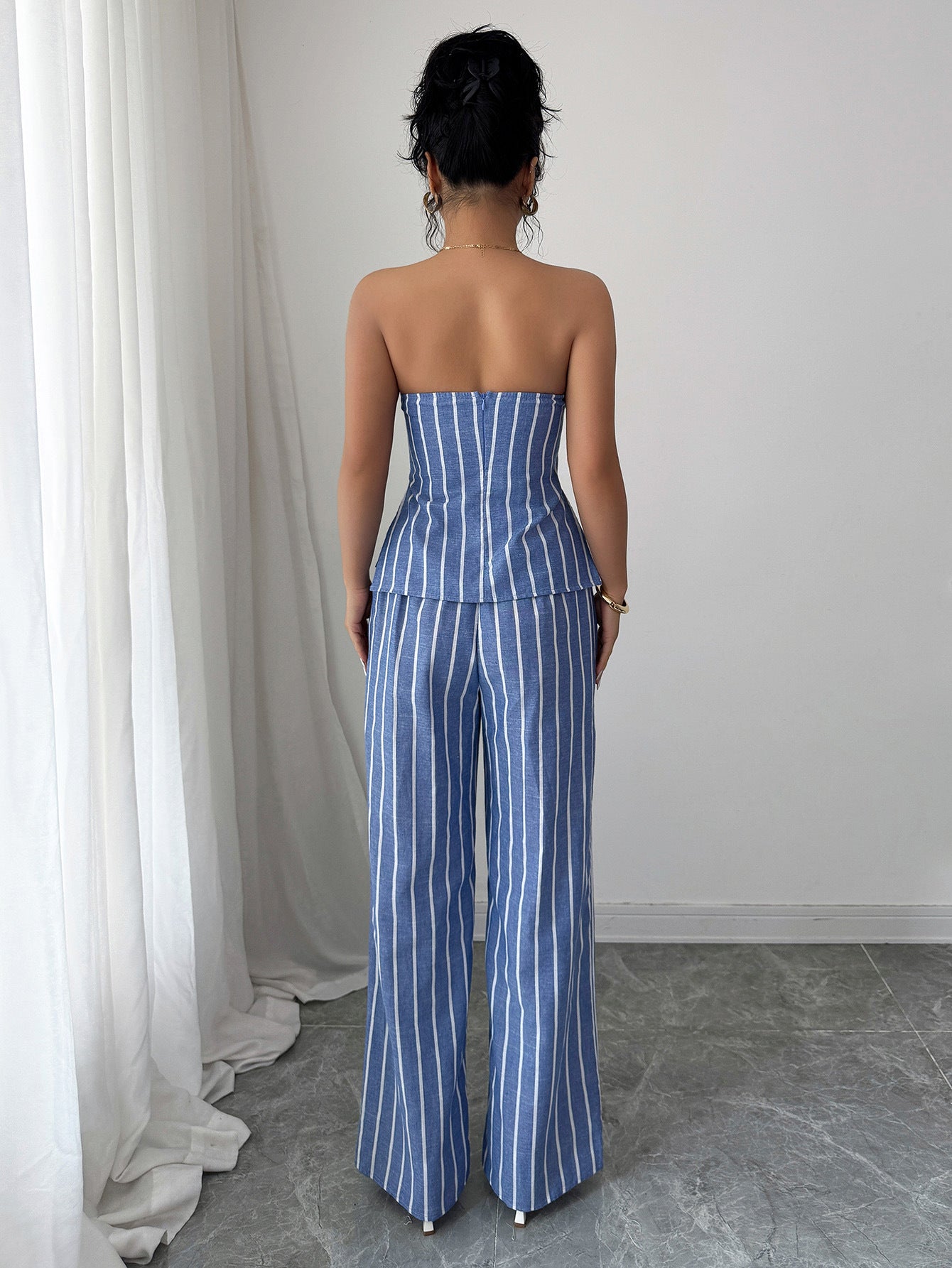 LADIES TWO PIECE STRAPLESS TOP & PANTS SET BLUE (SIZE S - XL)