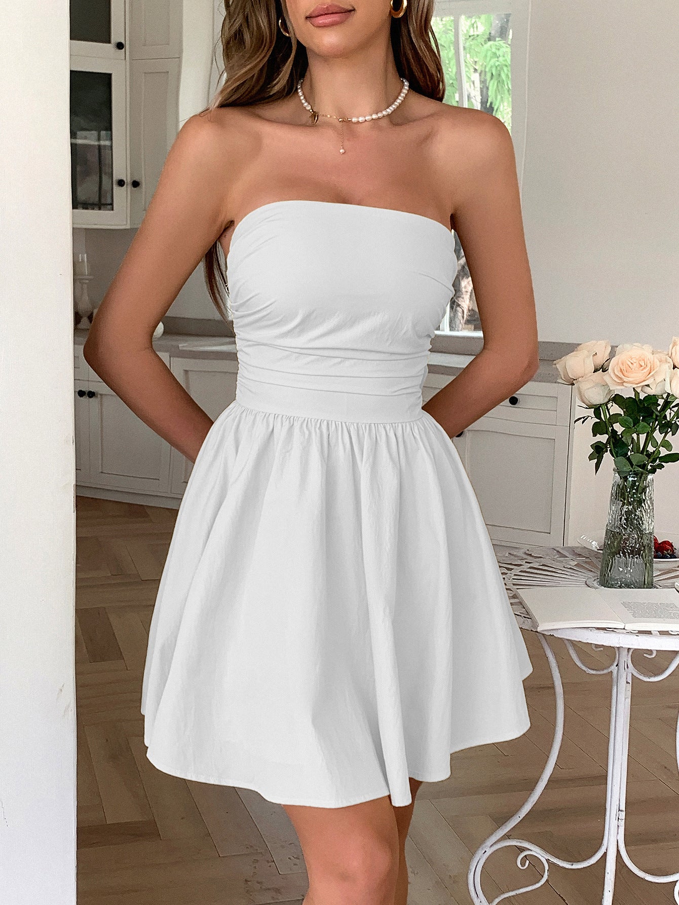 LADIES STRAPLESS MINI DRESS WHITE (SIZE S - XL)
