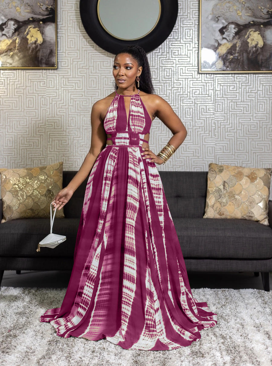 LADIES HALTERNECK BACKLESS DRESS WINE RED / BLACK / DARK GREEN RAINBOW MULTI COLOUR (SIZE S - XL)