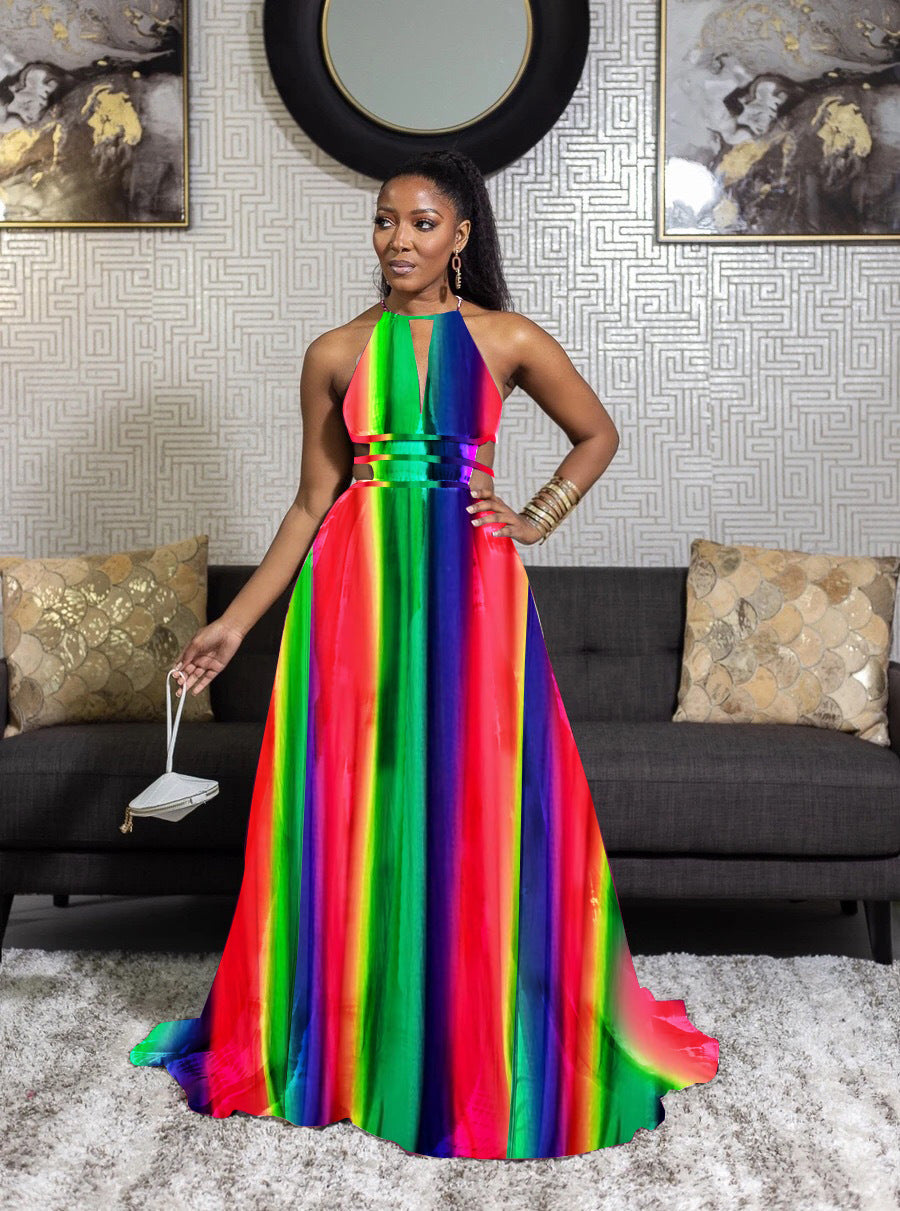 LADIES HALTERNECK BACKLESS DRESS WINE RED / BLACK / DARK GREEN RAINBOW MULTI COLOUR (SIZE S - XL)