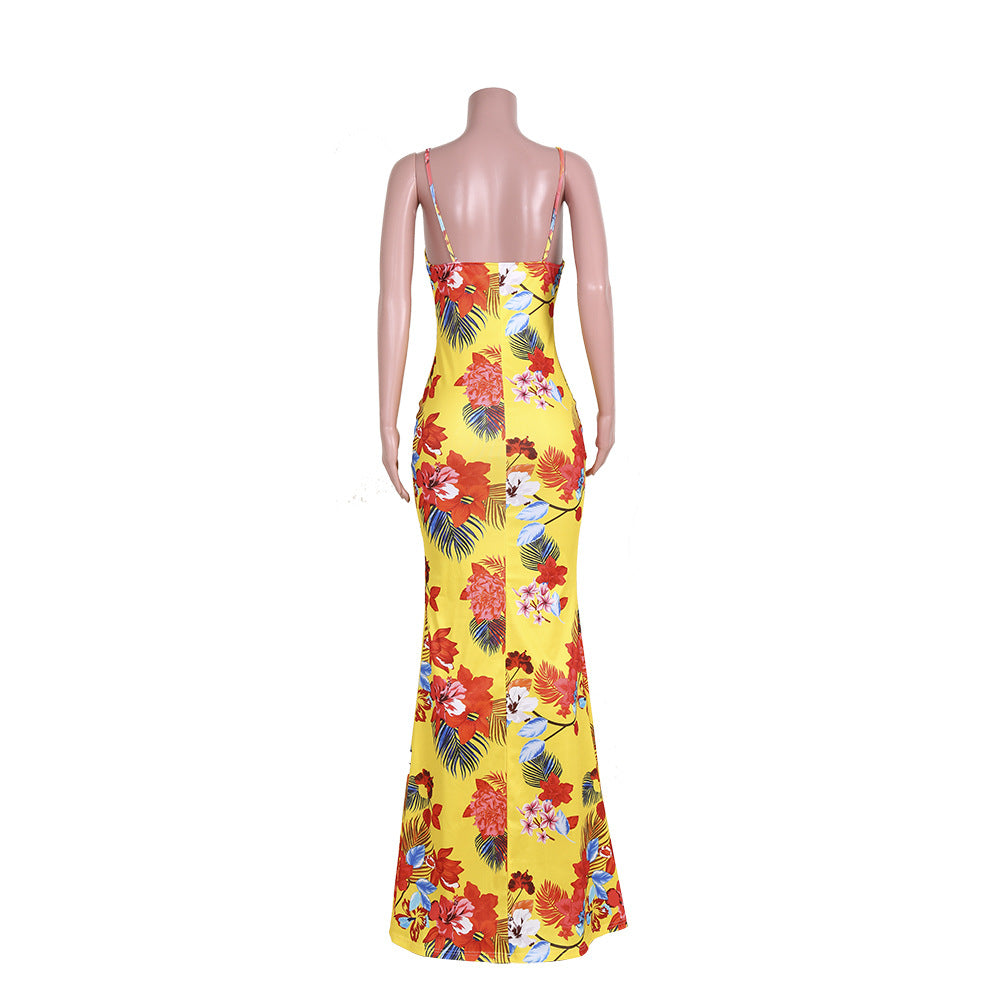 LADIES LONG PRINTED SUMMER DRESS YELLOW (SIZE S - XL)