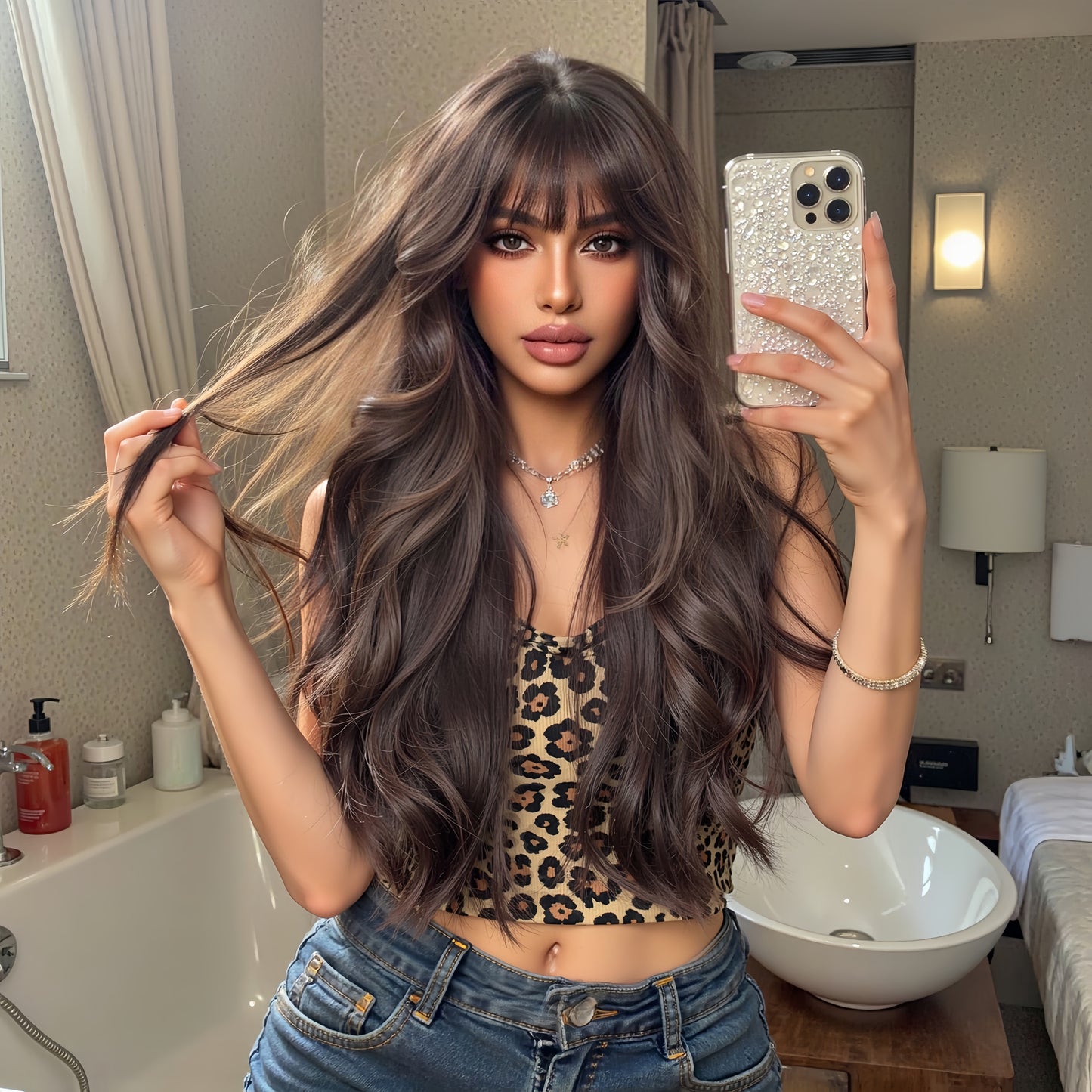 LADIES LONG CURLY SYNTHETIC WIG BROWN (26")