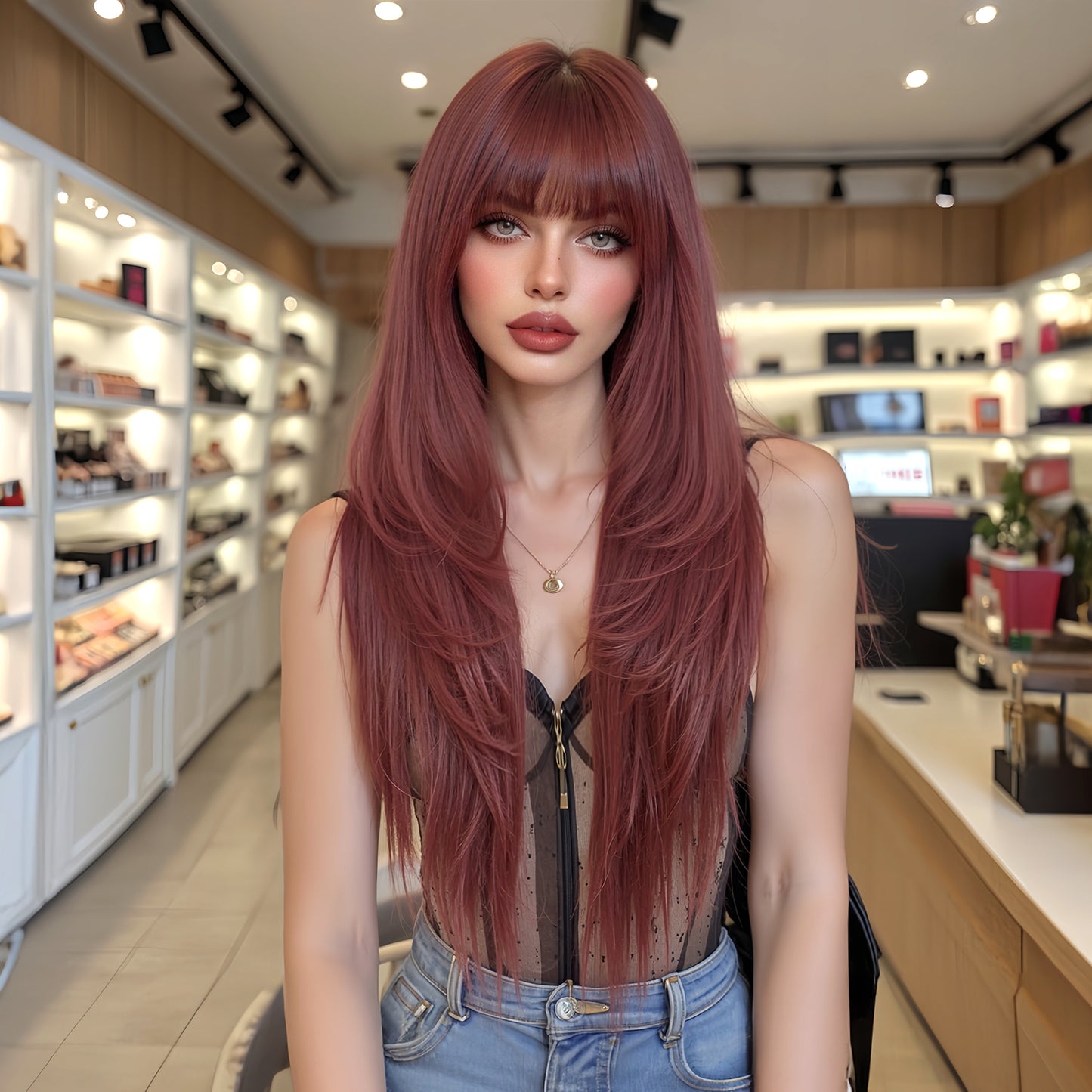 LADIES BURGUNDY LONG WIG BURGUNDY (FREE SIZE