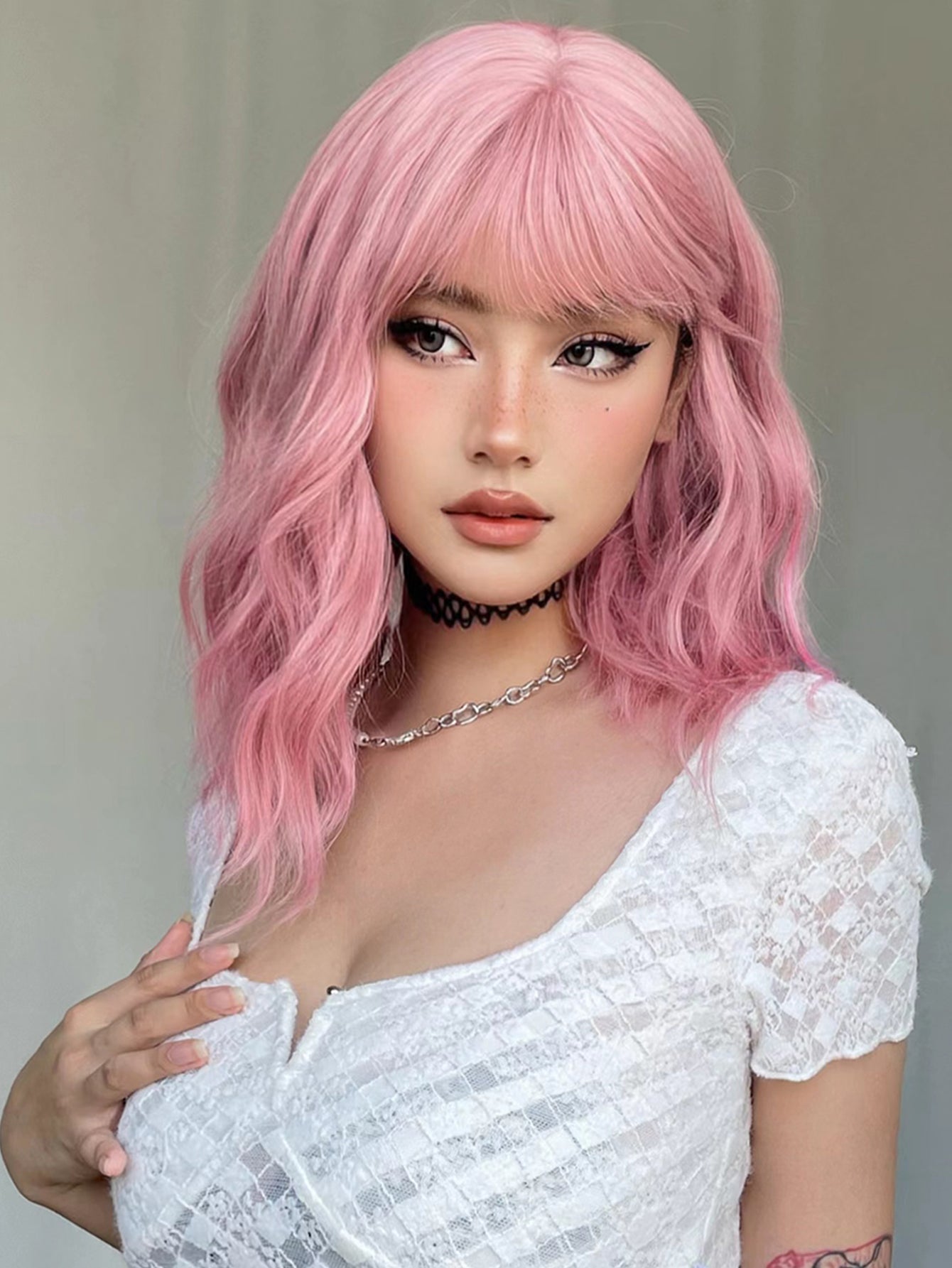 LADIES SHOULDER LENGTH CURLY WIG PINK / WHITE BLONDE FREE SIZE