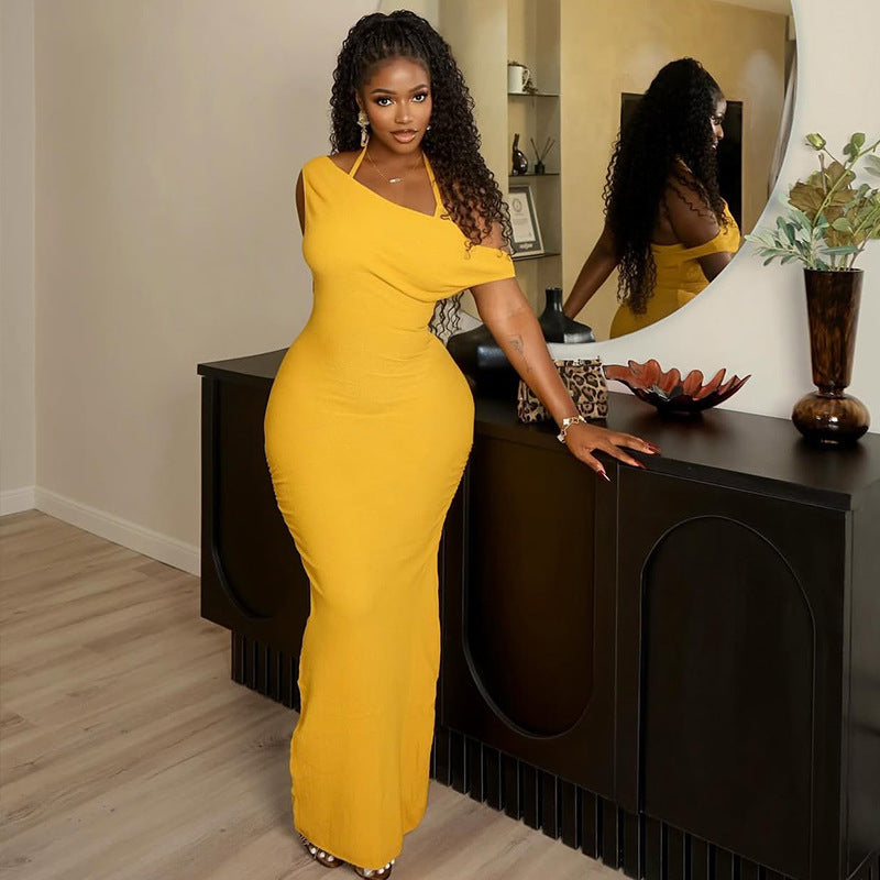 LADIES HALTERNECK LOW BACK LONG DRESS YELLOW / BLACK (SIZE S - L)
