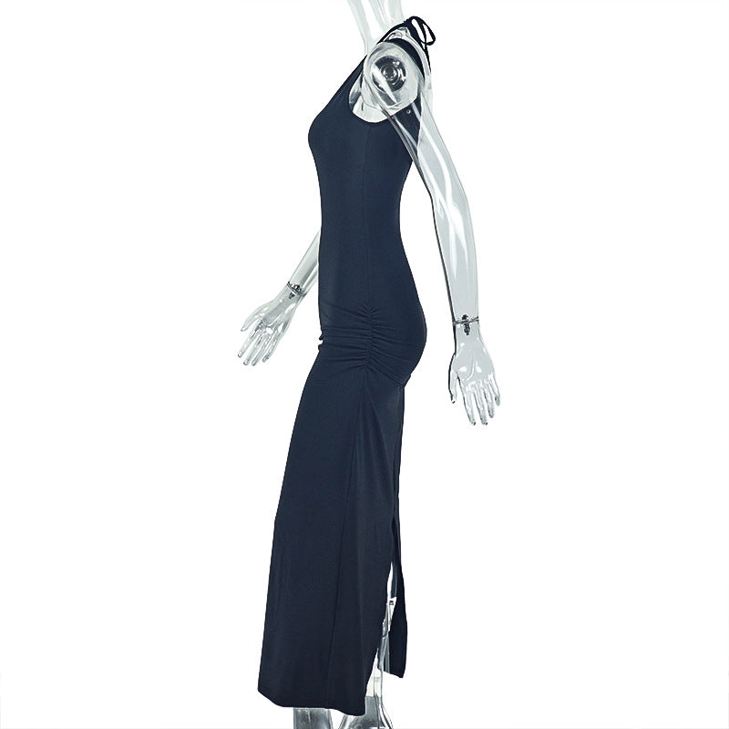 LADIES HALTERNECK LOW BACK LONG DRESS YELLOW / BLACK (SIZE S - L)