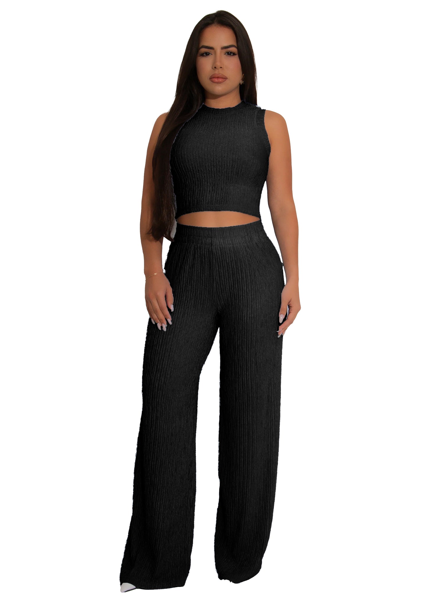 LADIES TWO PIECE SLEEVELESS TOP & PANTS SET BLACK/ LIGHT BLUE (SIZE S - 2XL)