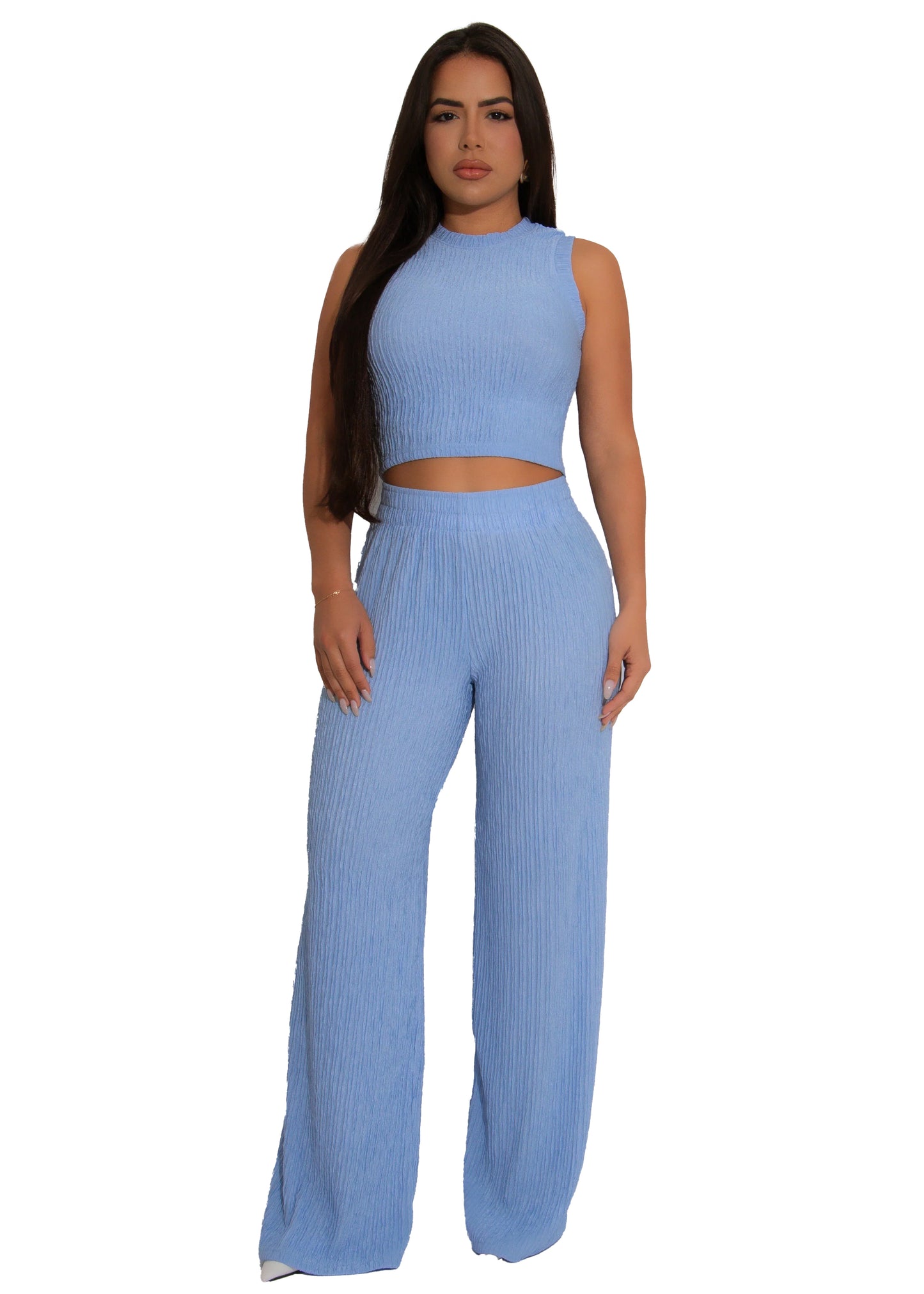LADIES TWO PIECE SLEEVELESS TOP & PANTS SET BLACK/ LIGHT BLUE (SIZE S - 2XL)