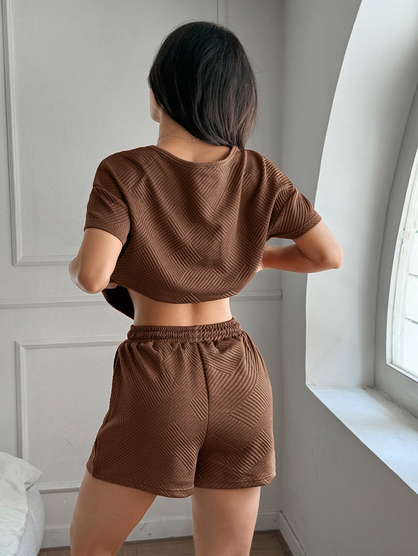 LADIES TWO PIECE SHORT SLEEVE TOP & SHORTS SET BROWN / NAVY (SIZE S - XL)