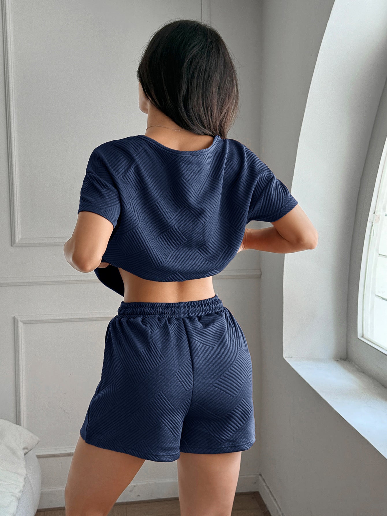 LADIES TWO PIECE SHORT SLEEVE TOP & SHORTS SET BROWN / NAVY (SIZE S - XL)