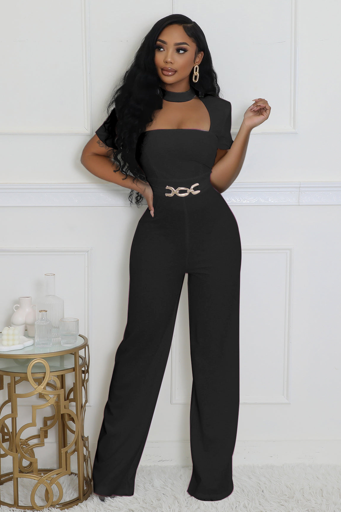 LADIES SHORT SLEEVE WIDE LEG JUMPSUIT BLACK / DARK PINK / WHITE / GREEN (SIZE S - 2XL)