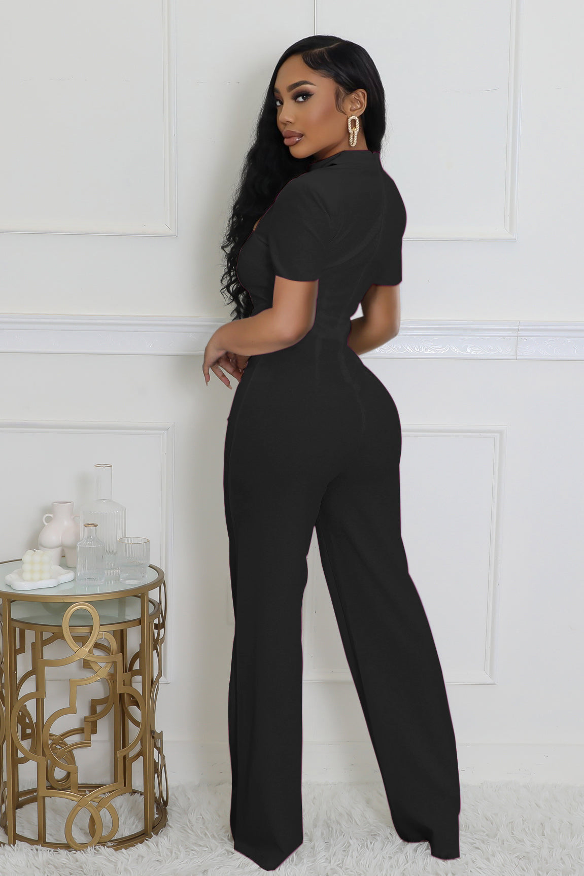 LADIES SHORT SLEEVE WIDE LEG JUMPSUIT BLACK / DARK PINK / WHITE / GREEN (SIZE S - 2XL)
