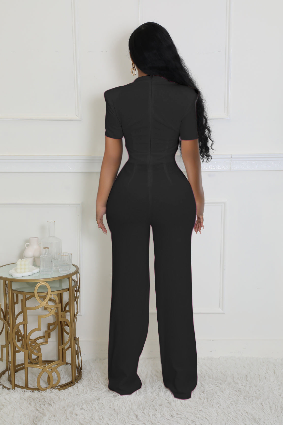 LADIES SHORT SLEEVE WIDE LEG JUMPSUIT BLACK / DARK PINK / WHITE / GREEN (SIZE S - 2XL)
