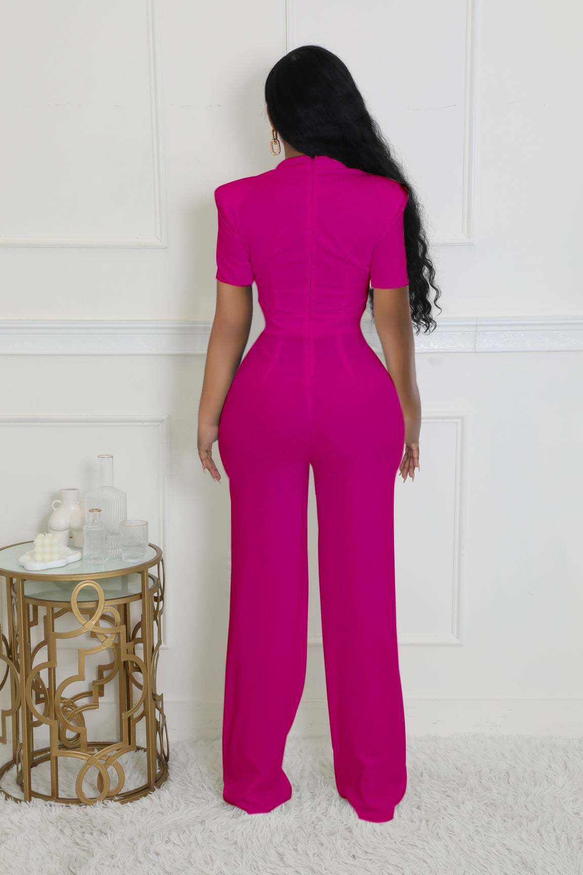 LADIES SHORT SLEEVE WIDE LEG JUMPSUIT BLACK / DARK PINK / WHITE / GREEN (SIZE S - 2XL)