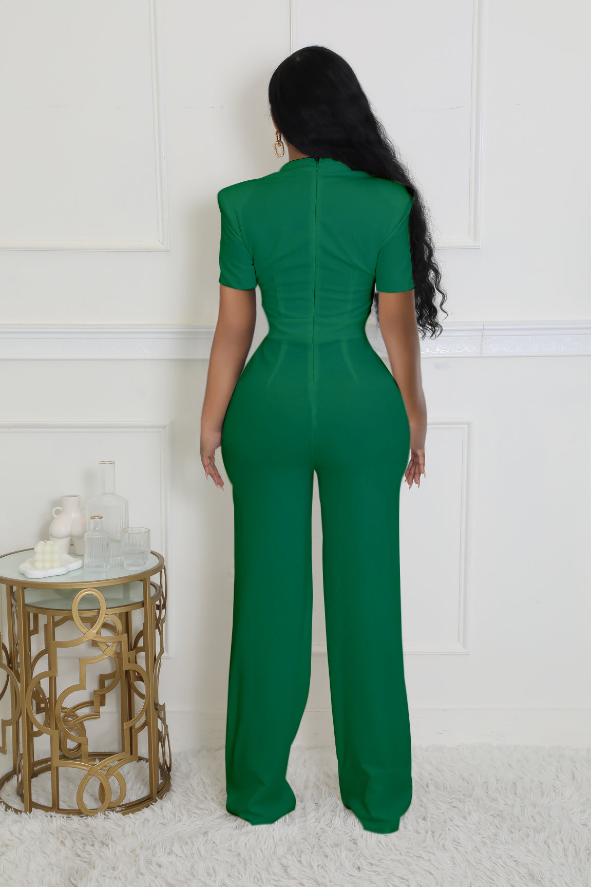 LADIES SHORT SLEEVE WIDE LEG JUMPSUIT BLACK / DARK PINK / WHITE / GREEN (SIZE S - 2XL)