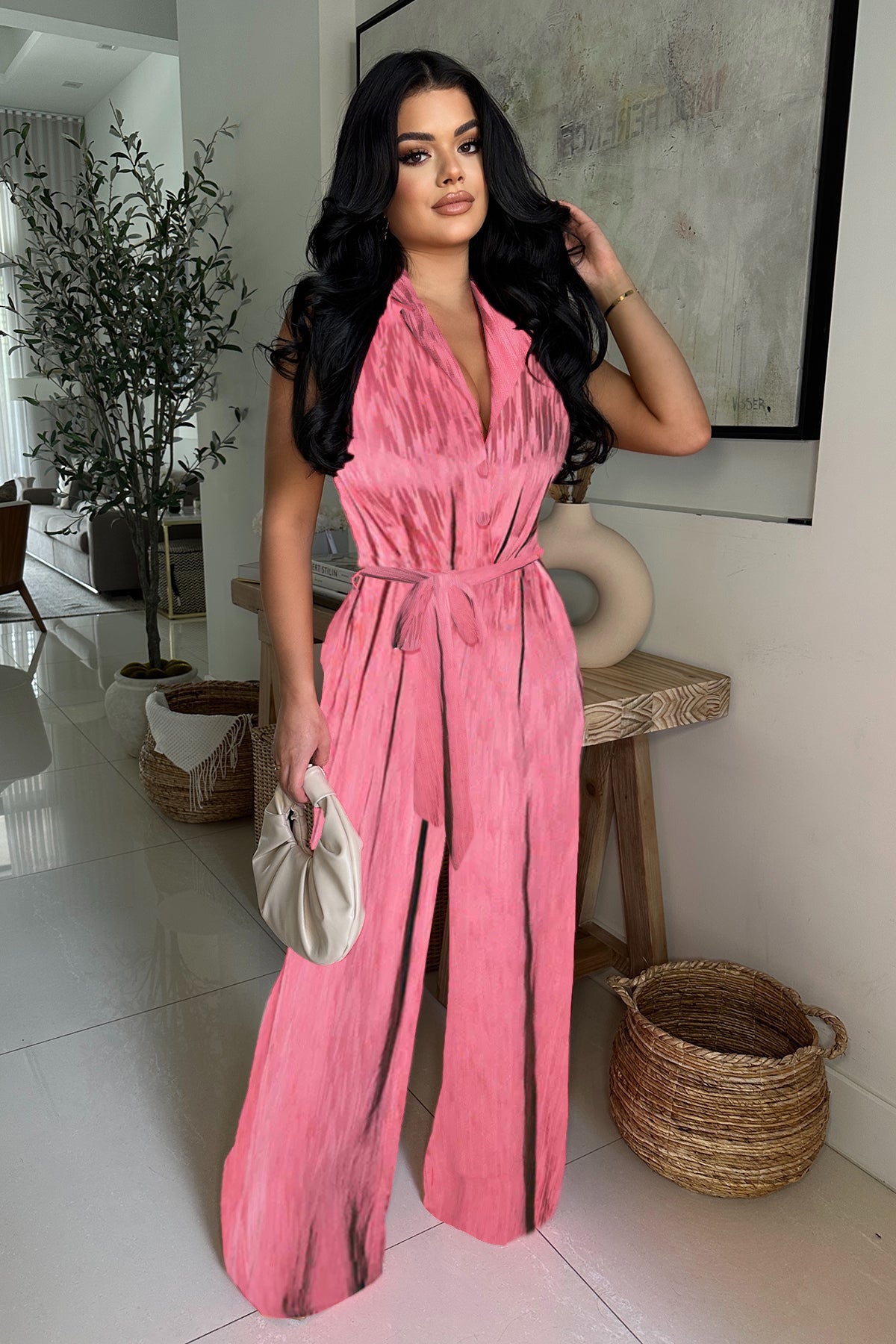 LADIES BACKLESS WIDE LEG JUMPSUIT PINK (SIZE S - 2XL)