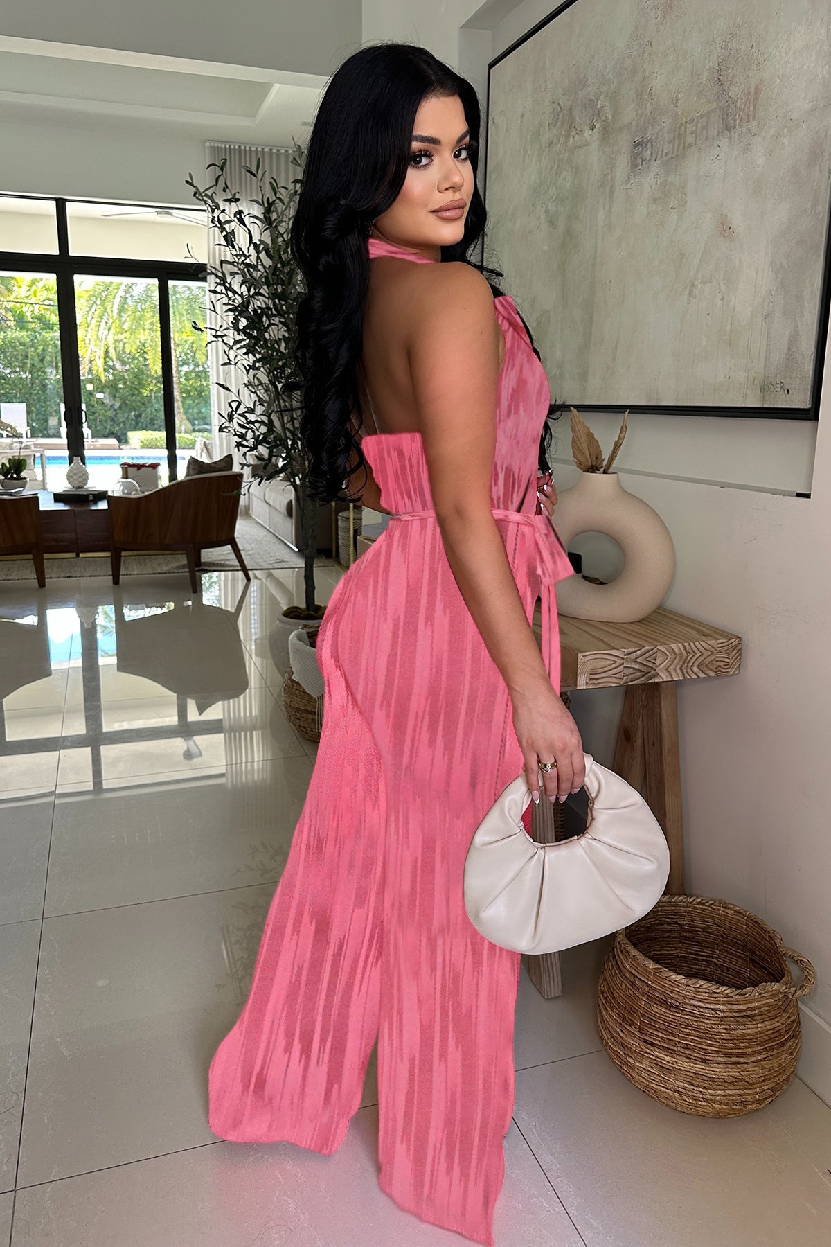 LADIES BACKLESS WIDE LEG JUMPSUIT PINK (SIZE S - 2XL)